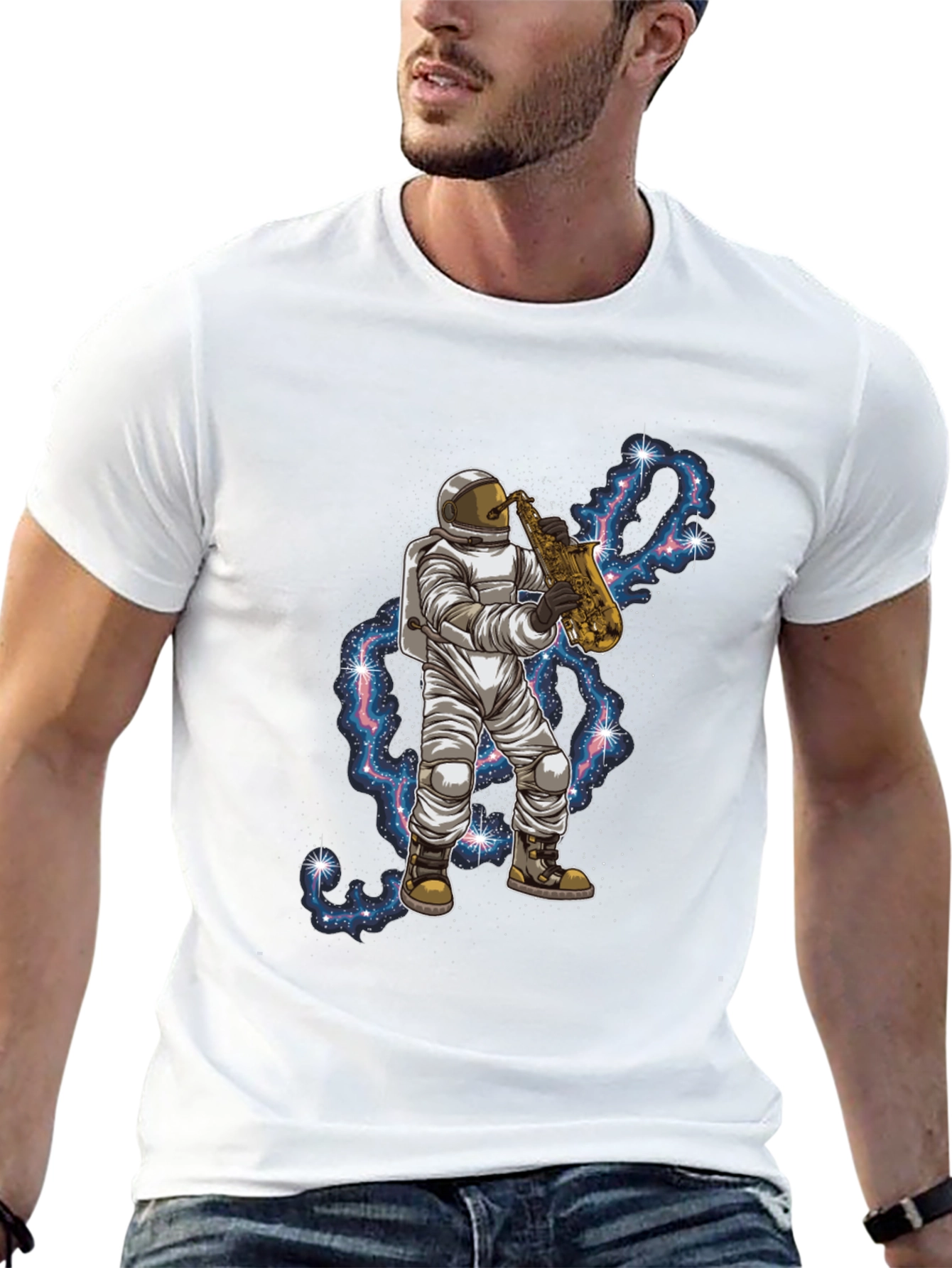 Camiseta Negra con Astronauta Saxofonista