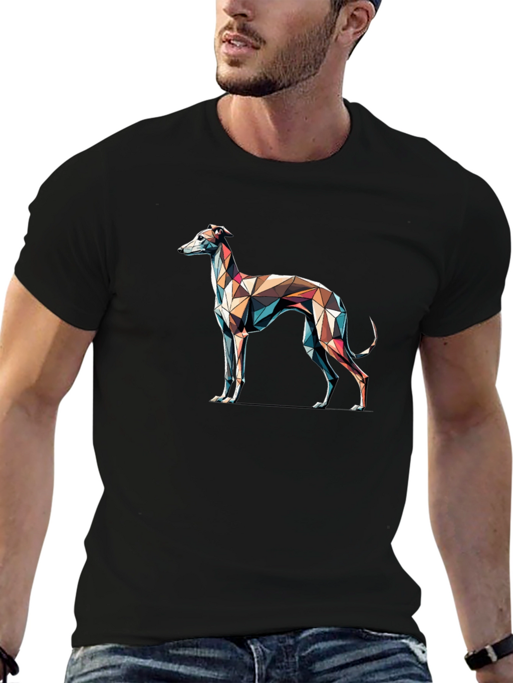 Camiseta Negra con Diseño de Galgo Geométrico