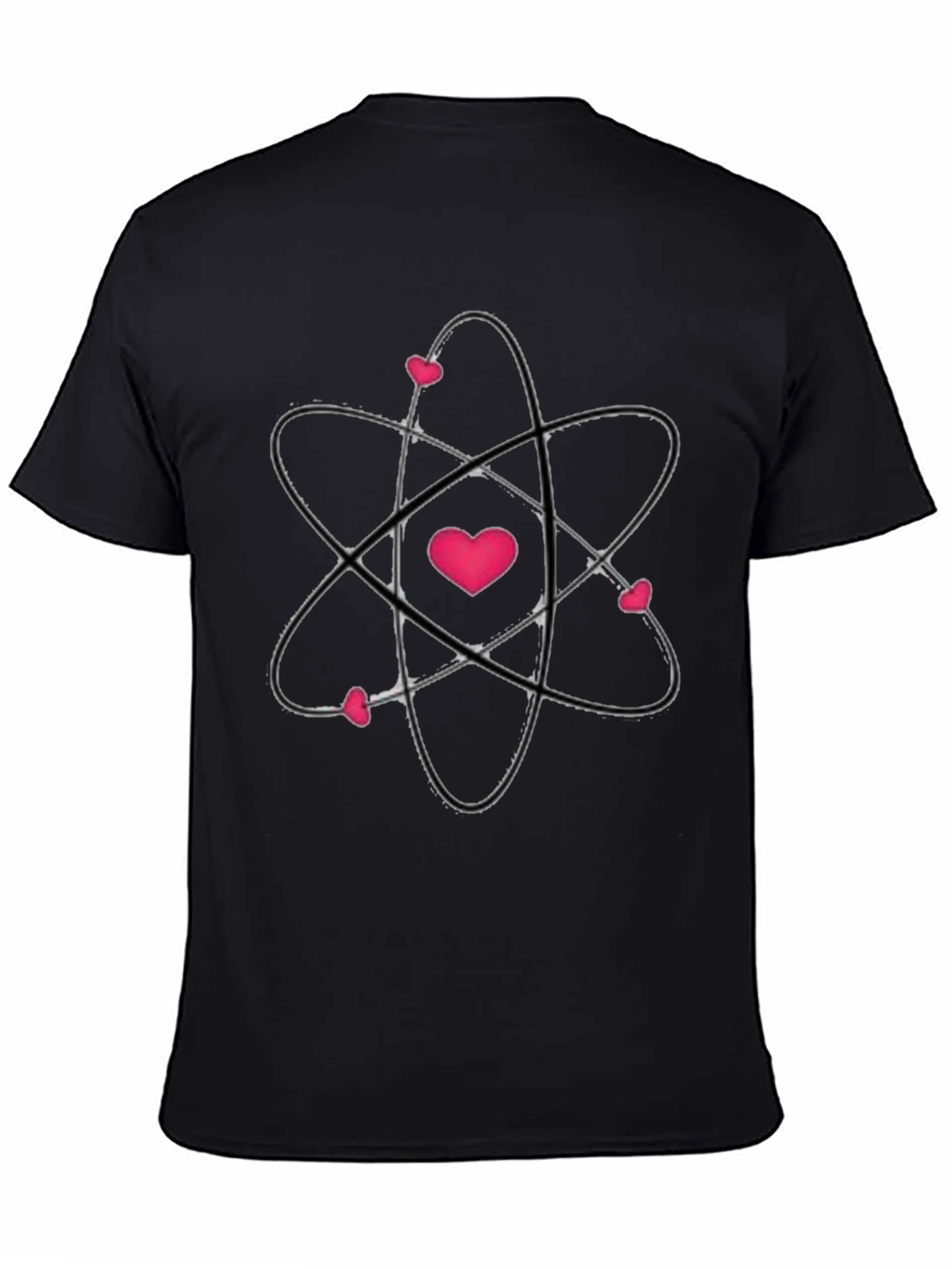 Camiseta Negra con Diseño Atómico de Corazones