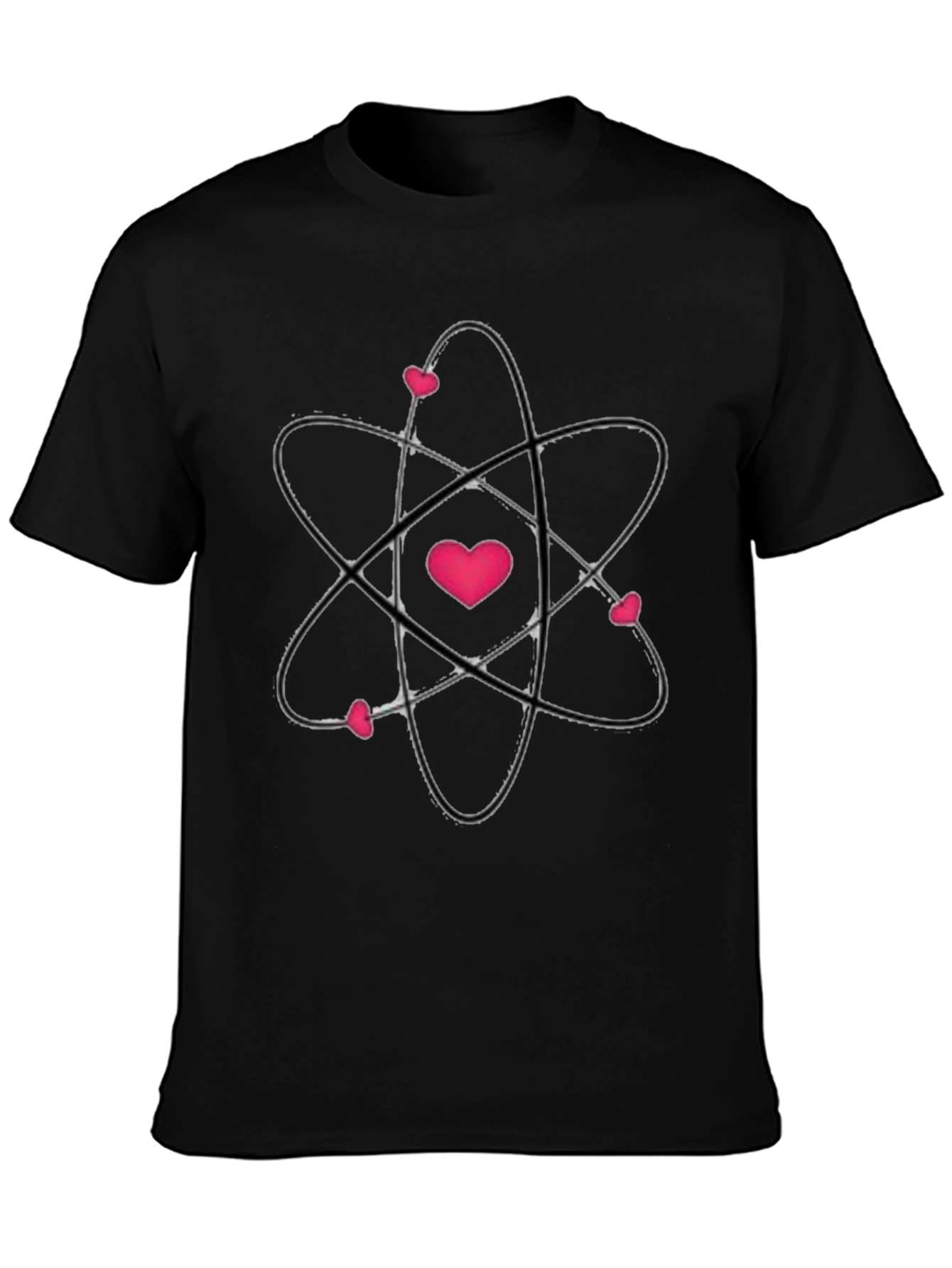 Camiseta Negra con Diseño Atómico de Corazones