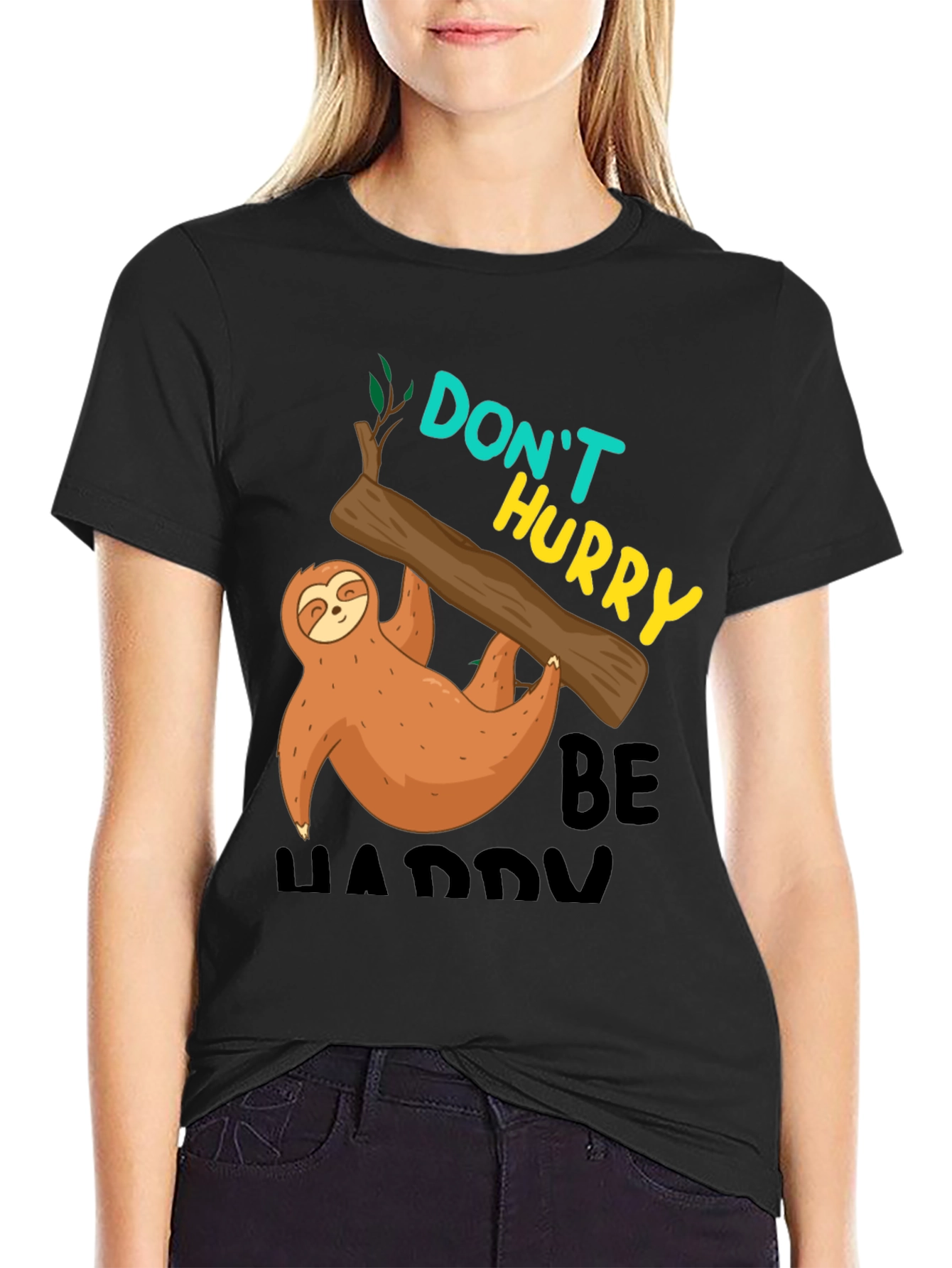 Camiseta Negra con Diseño de Perezoso - Relájate y Sé Feliz