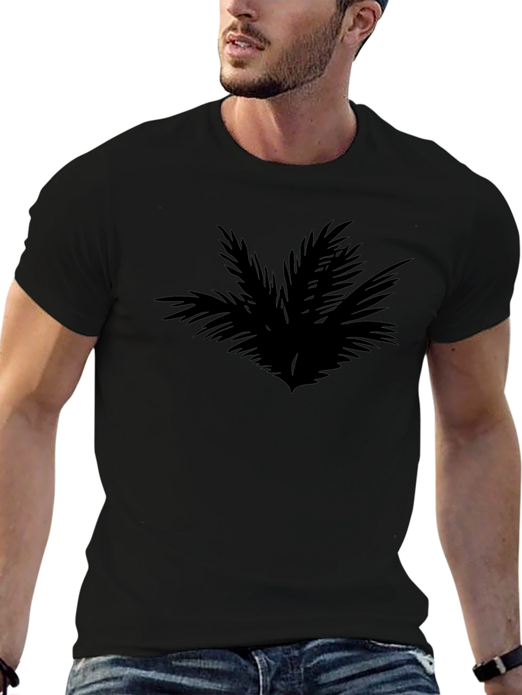 Camiseta Negra con Diseño Abstracto de Hojas