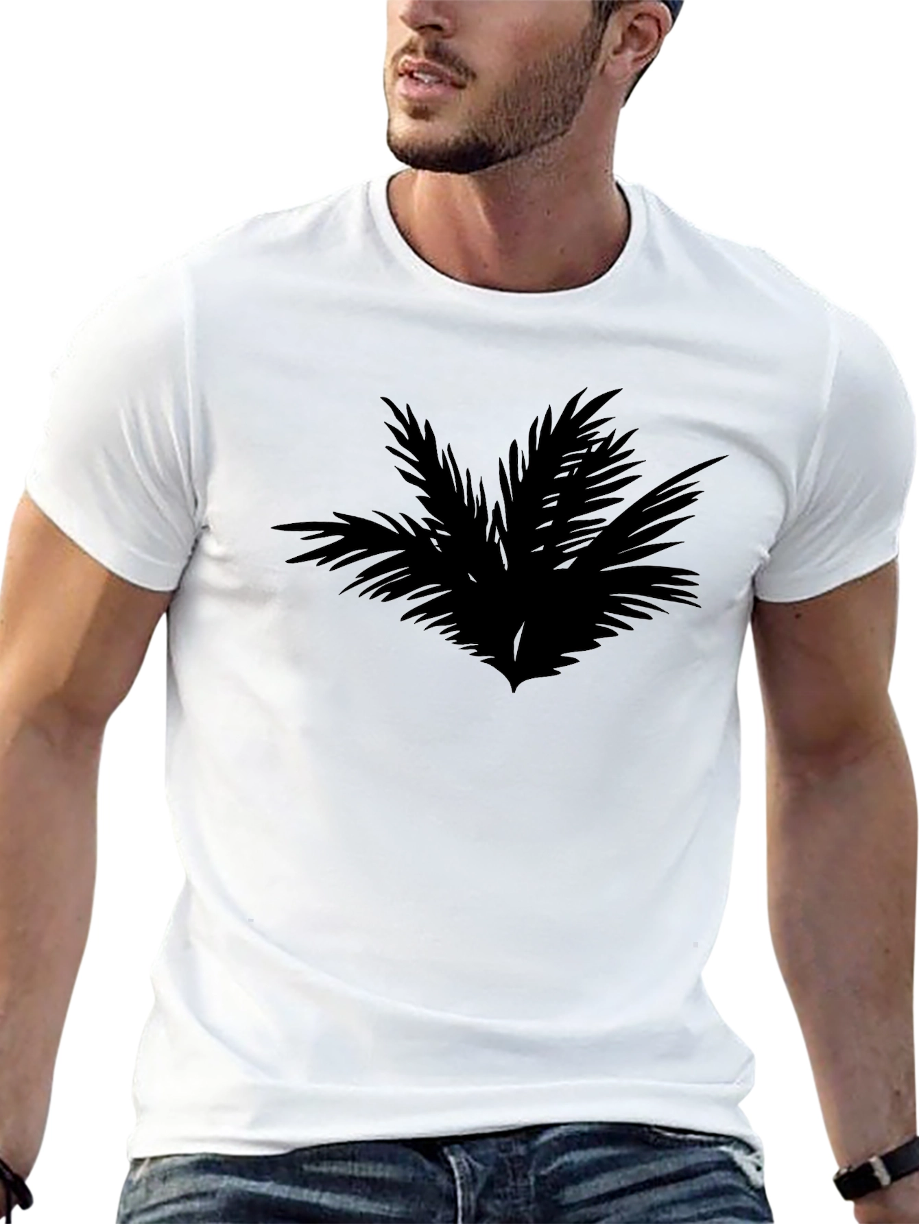 Camiseta Negra con Diseño Abstracto de Hojas