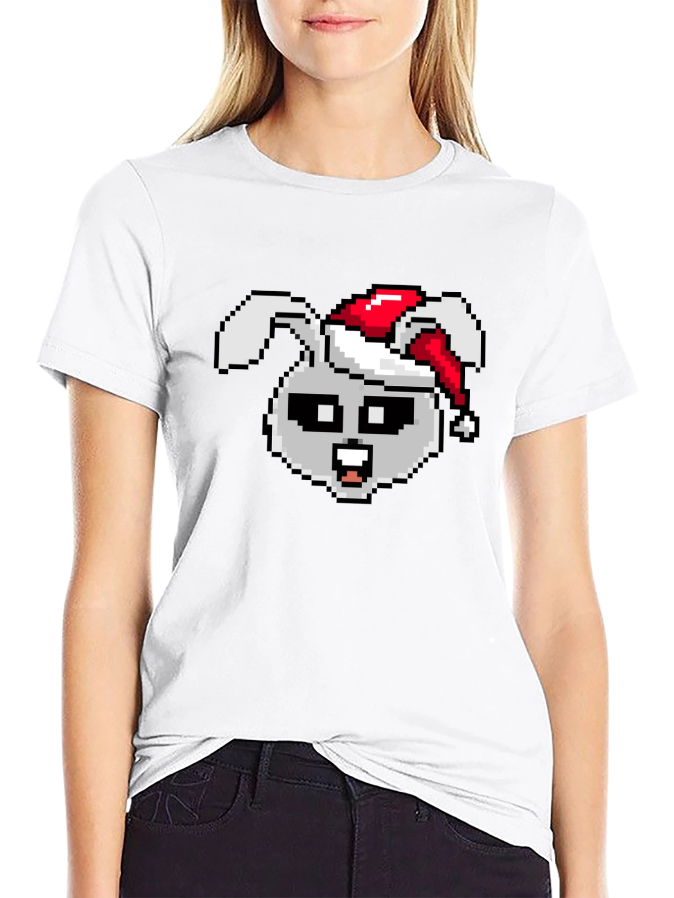Camiseta Negra con Conejo Navideño Pixelado