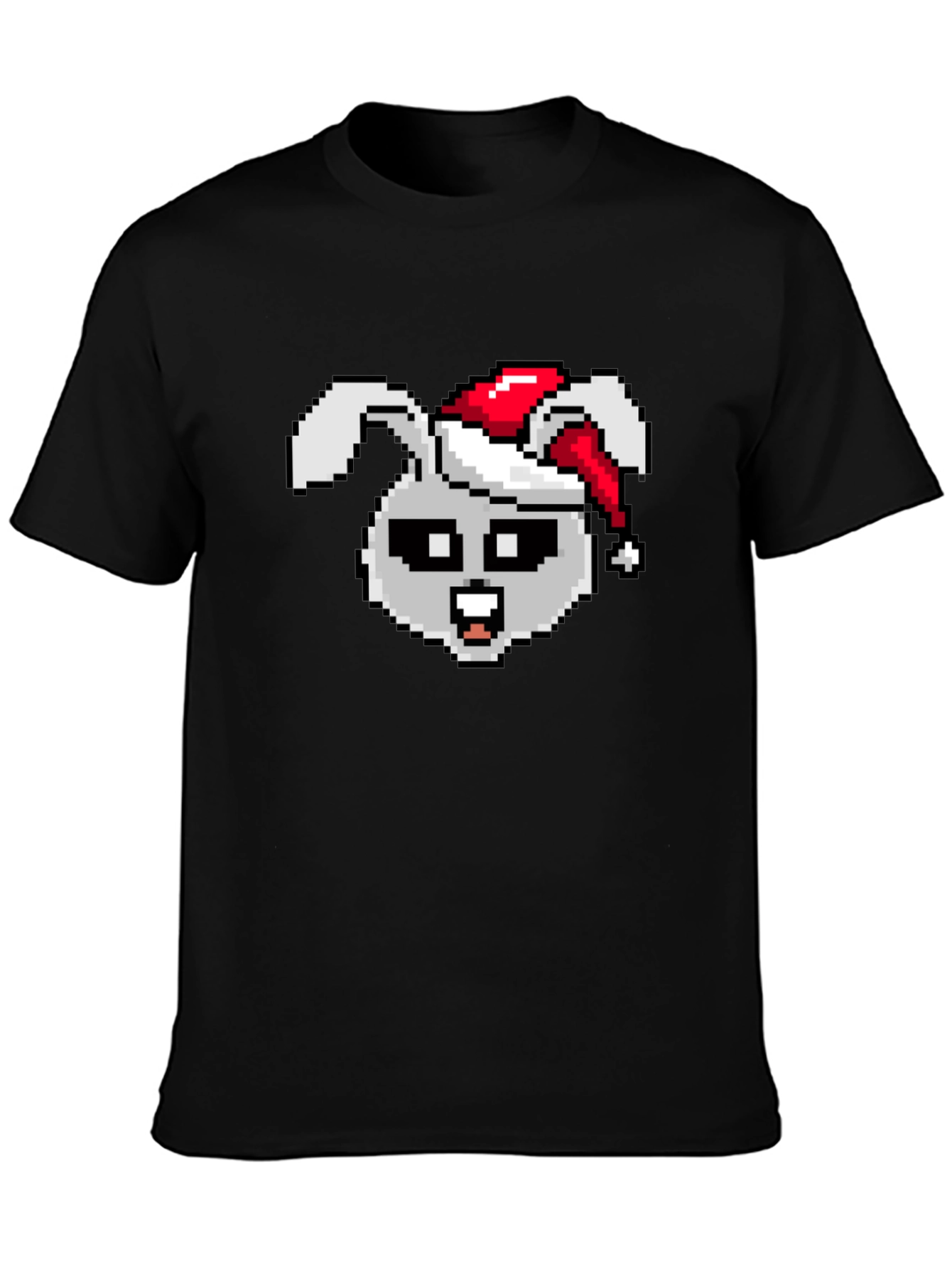 Camiseta Negra con Conejo Navideño Pixelado