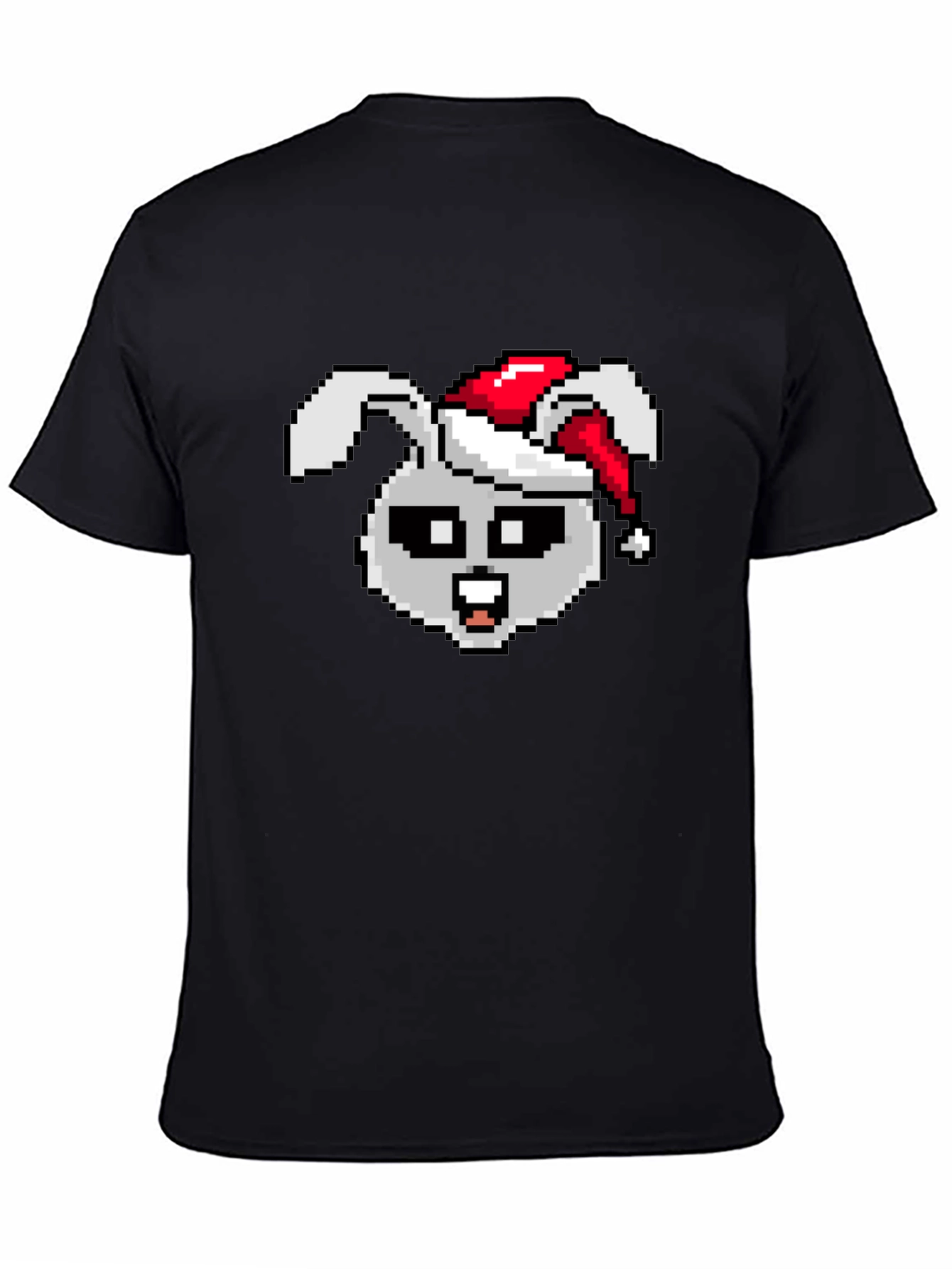 Camiseta Negra con Conejo Navideño Pixelado