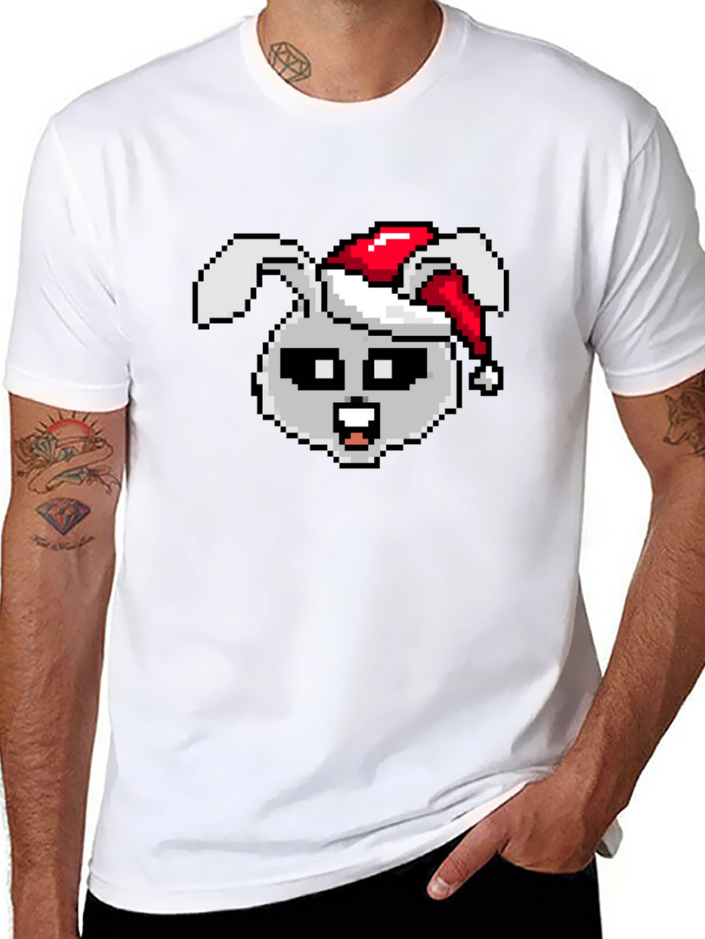 Camiseta Negra con Conejo Navideño Pixelado