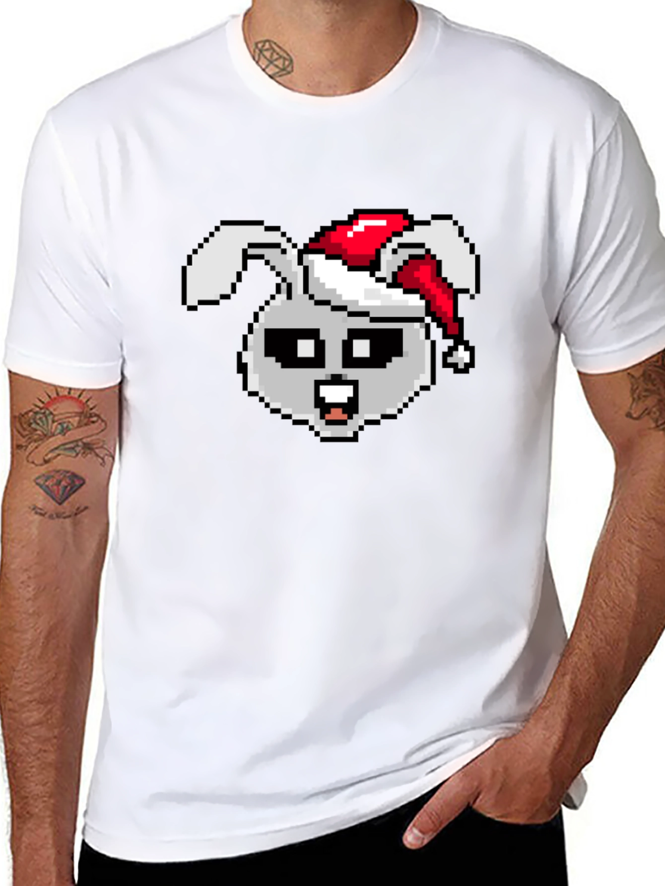 Camiseta Negra con Conejo Navideño Pixelado