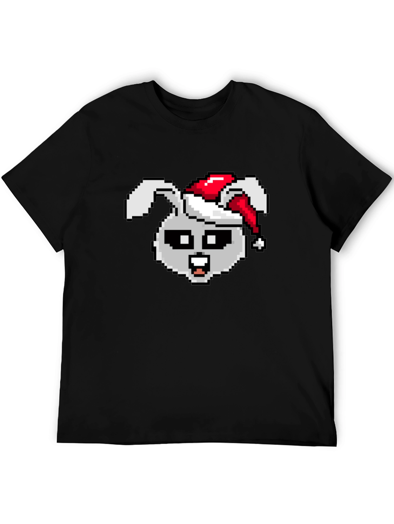 Camiseta Negra con Conejo Navideño Pixelado