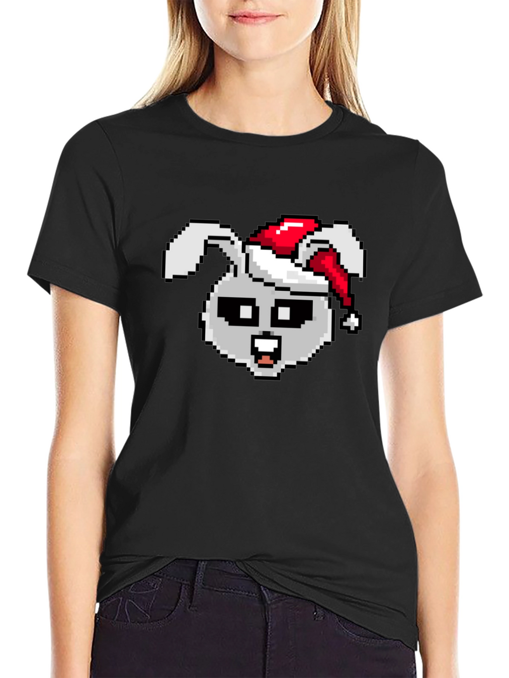 Camiseta Negra con Conejo Navideño Pixelado