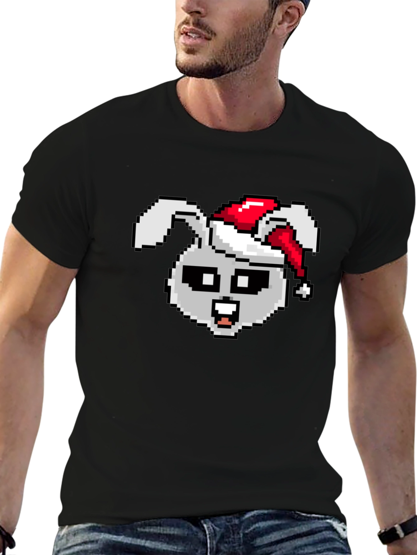 Camiseta Negra con Conejo Navideño Pixelado