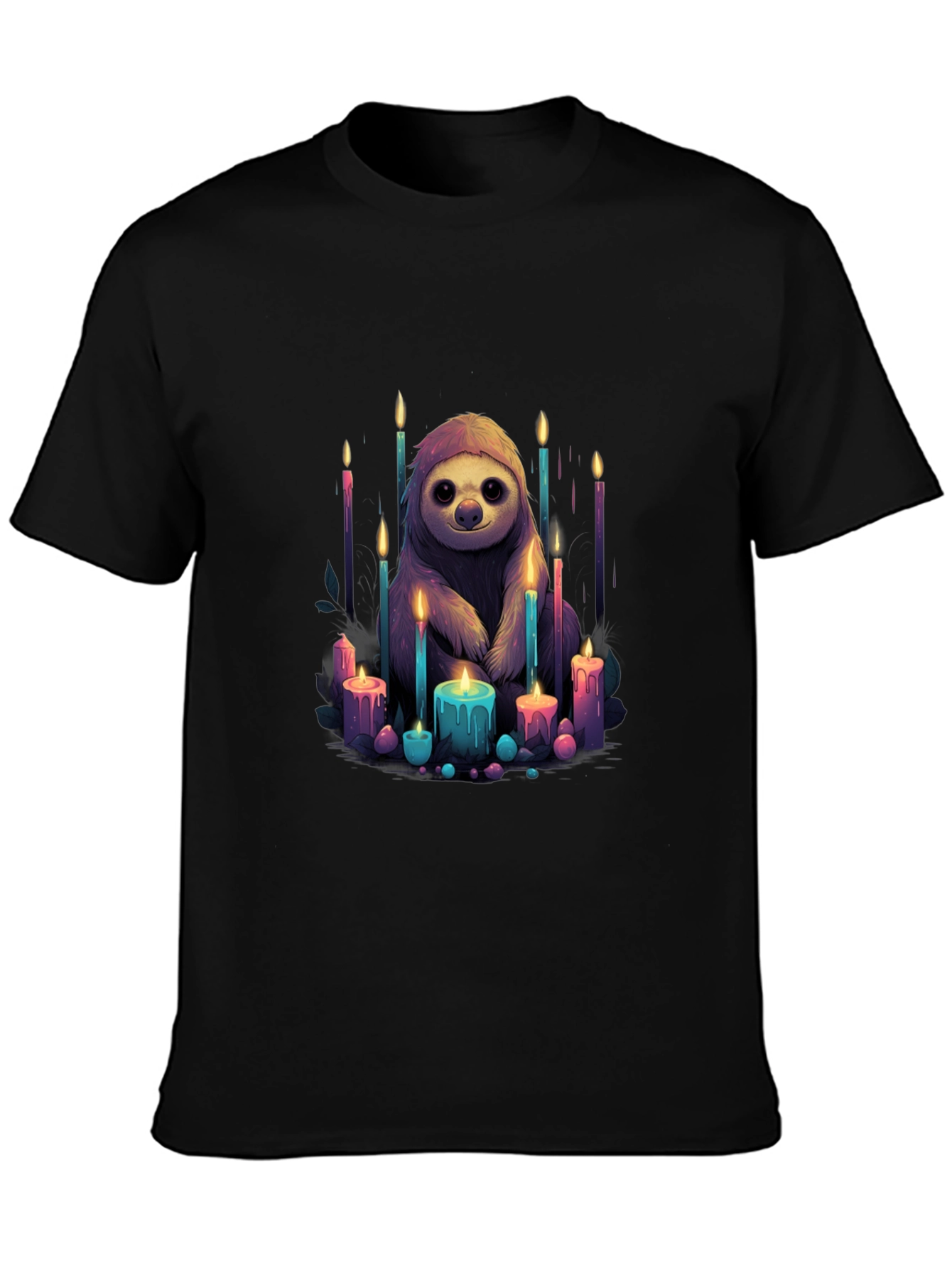 Camiseta Negra con Diseño de Perezoso y Velas