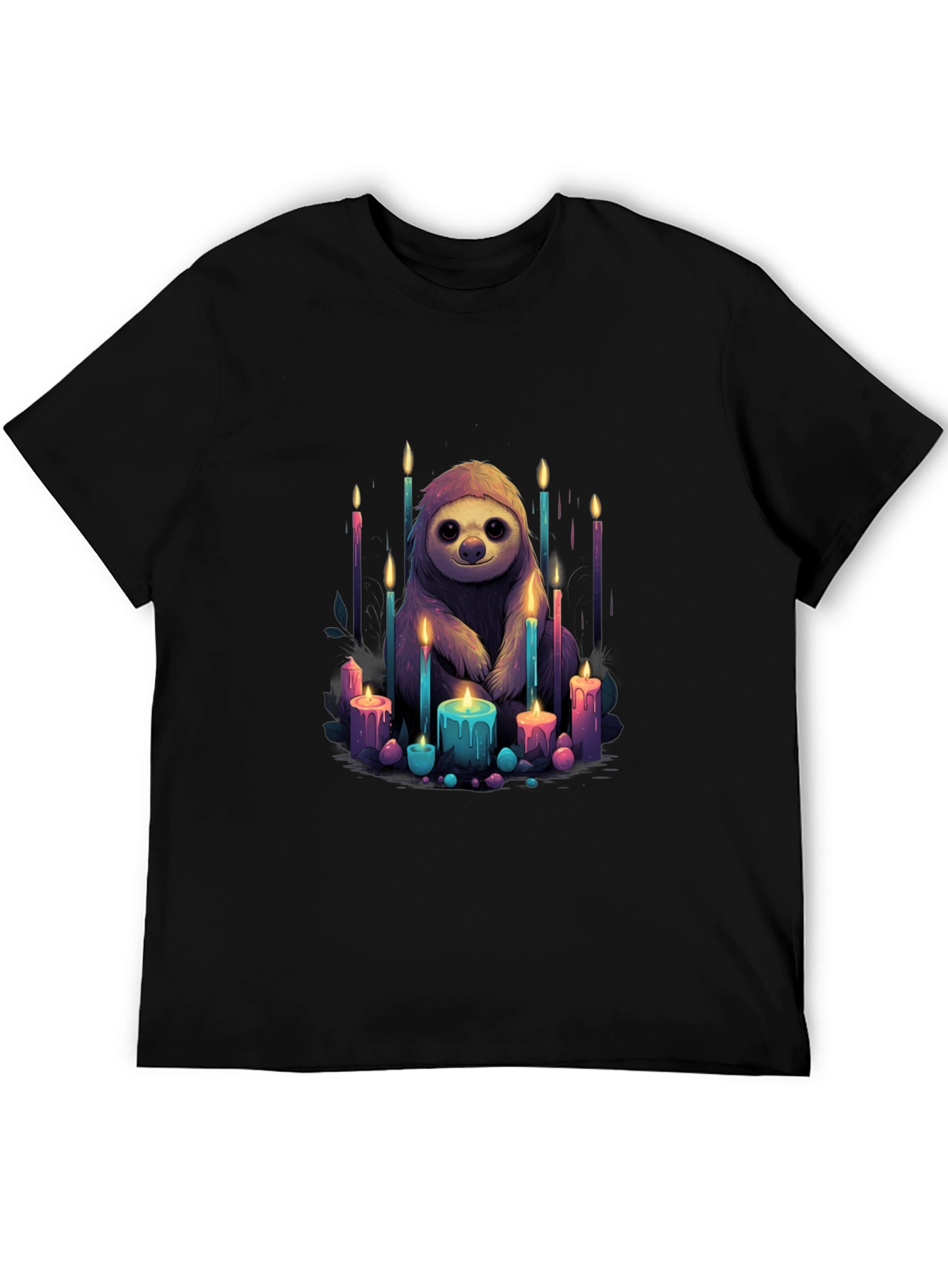 Camiseta Negra con Diseño de Perezoso y Velas