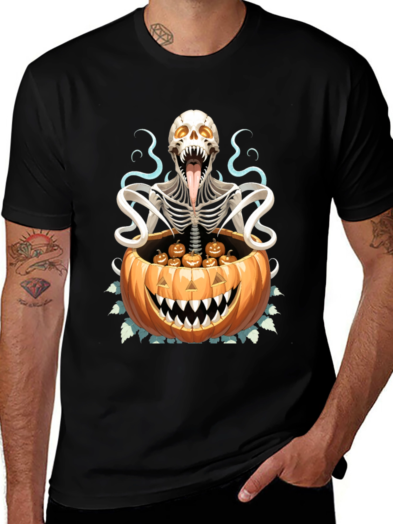 Camiseta Halloween Calabaza y Esqueleto
