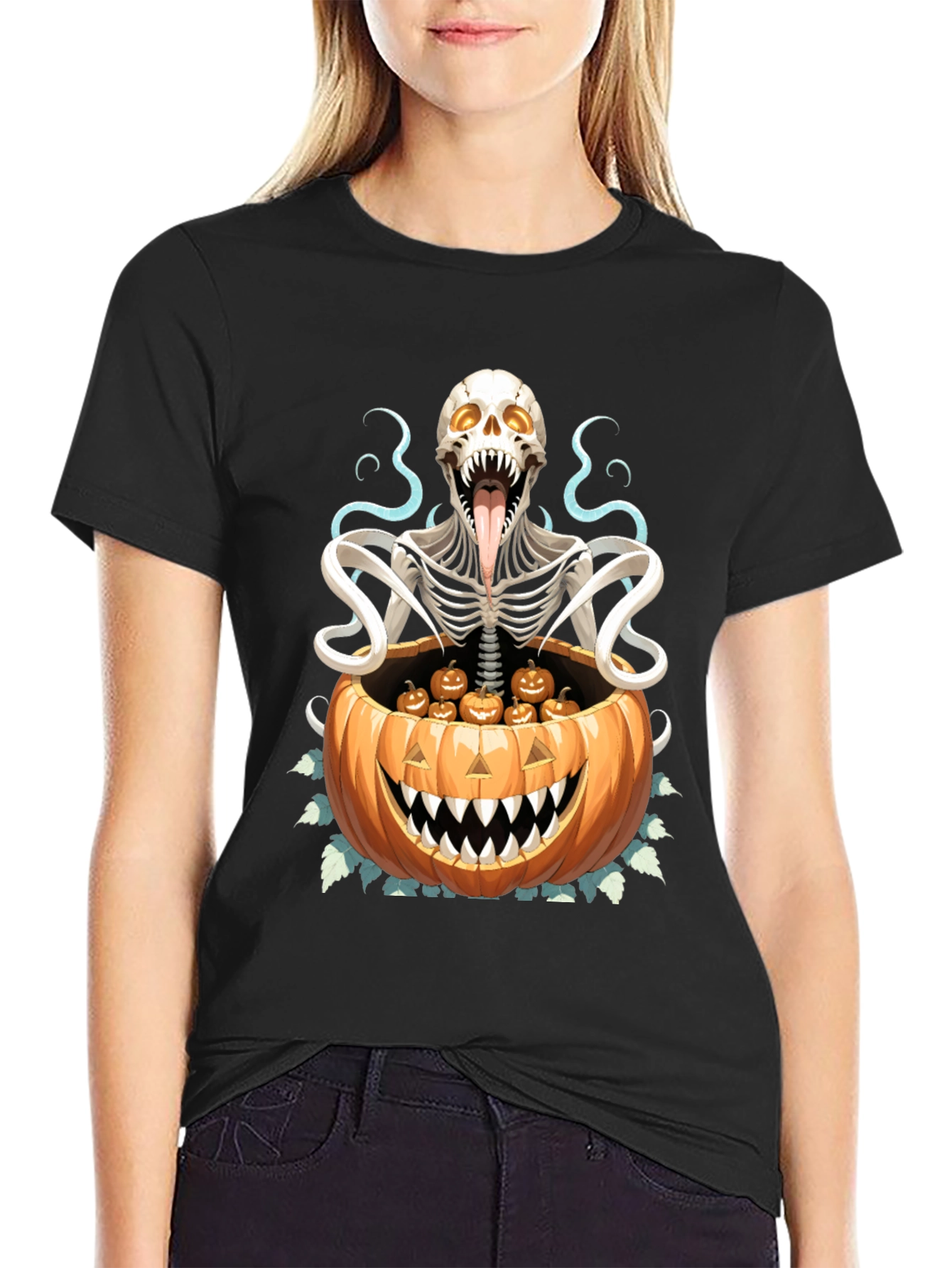 Camiseta Halloween Calabaza y Esqueleto