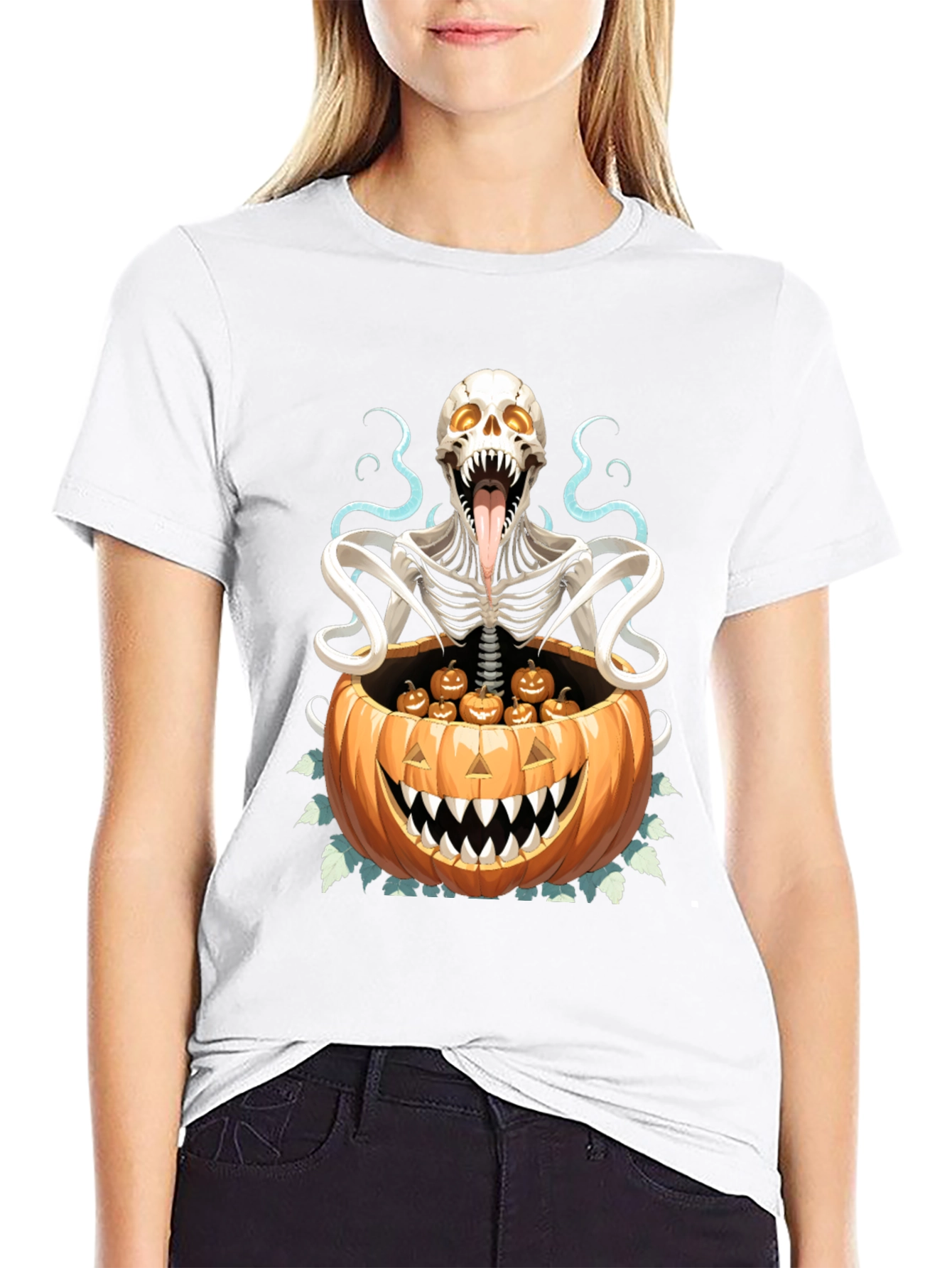 Camiseta Halloween Calabaza y Esqueleto