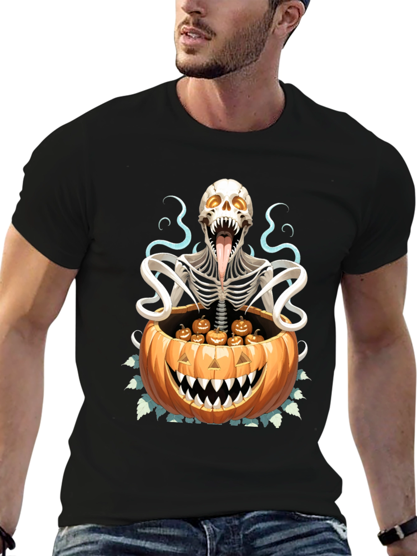 Camiseta Halloween Calabaza y Esqueleto