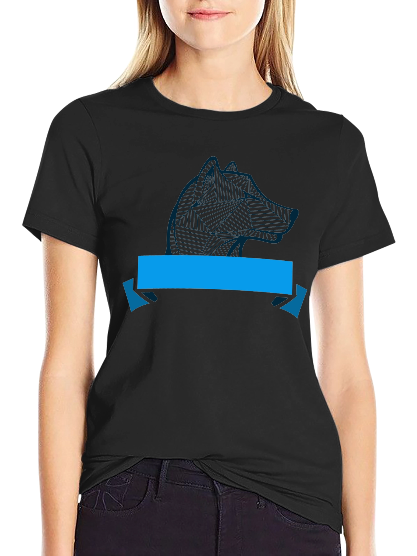 Camiseta Negra con Diseño de Lobo y Cinta Azul