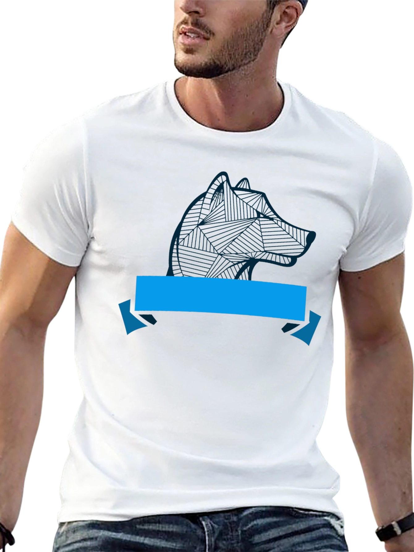 Camiseta Negra con Diseño de Lobo y Cinta Azul