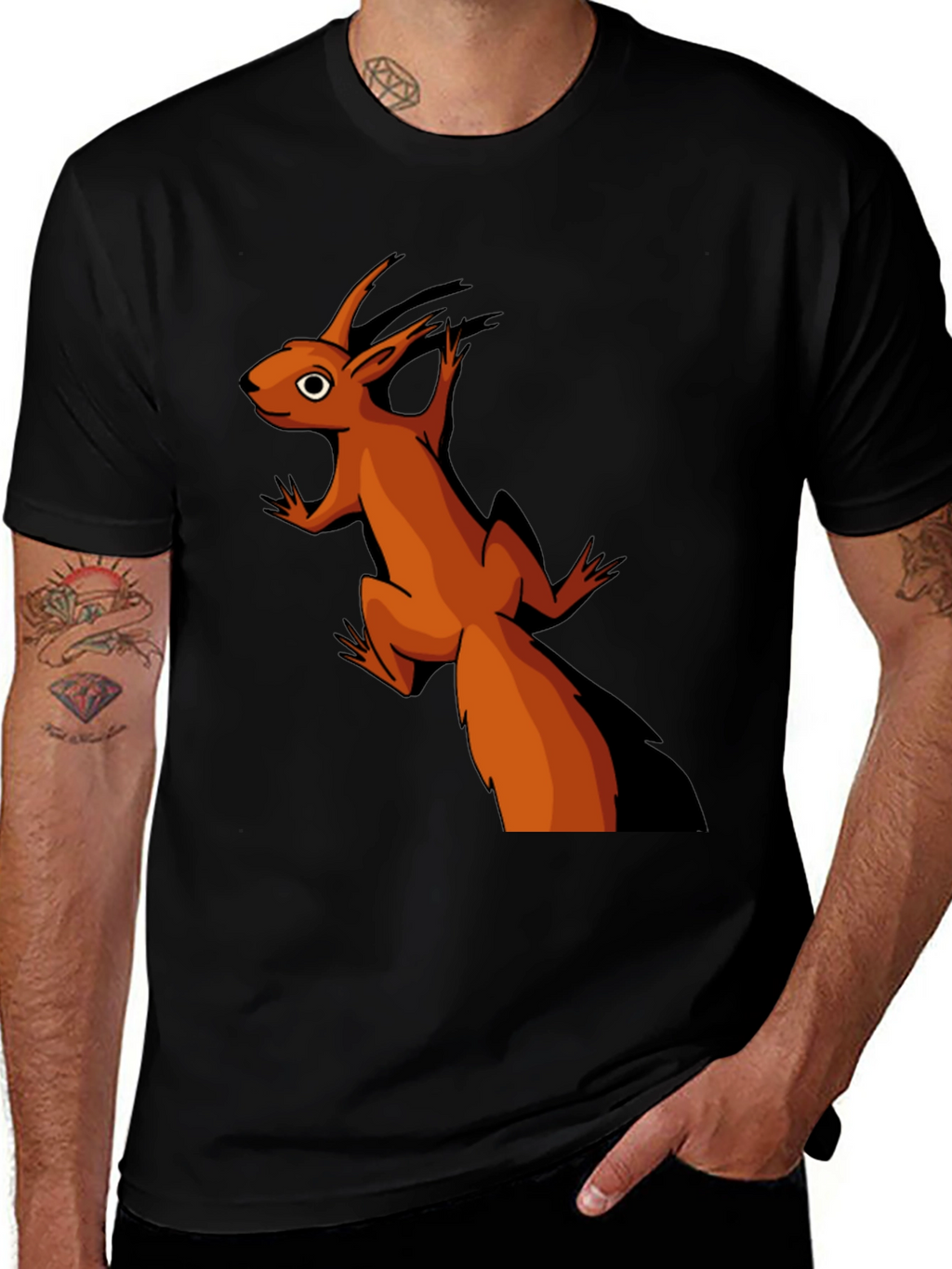 Camiseta Negra con Diseño de Ardilla Naranja