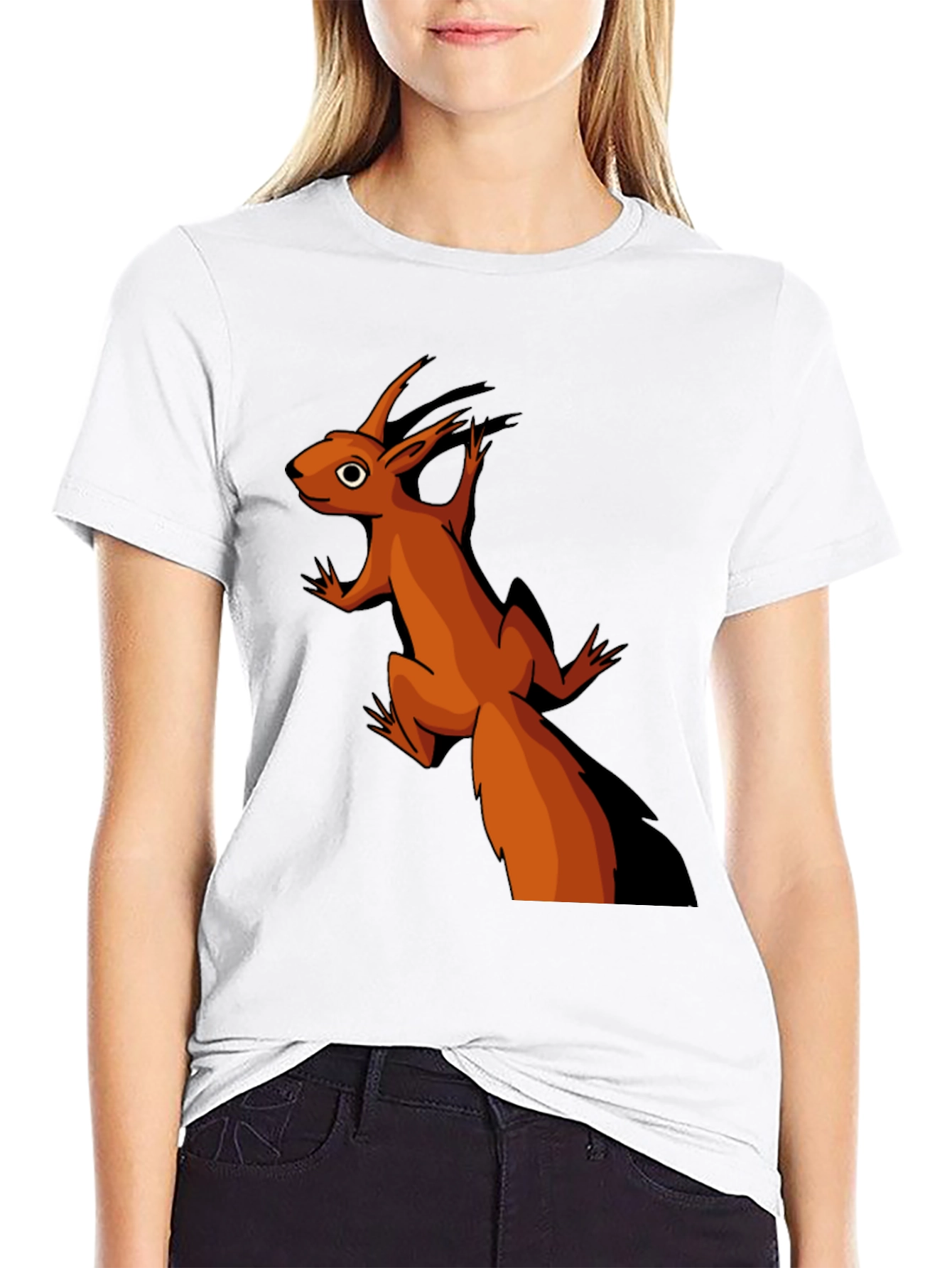 Camiseta Negra con Diseño de Ardilla Naranja