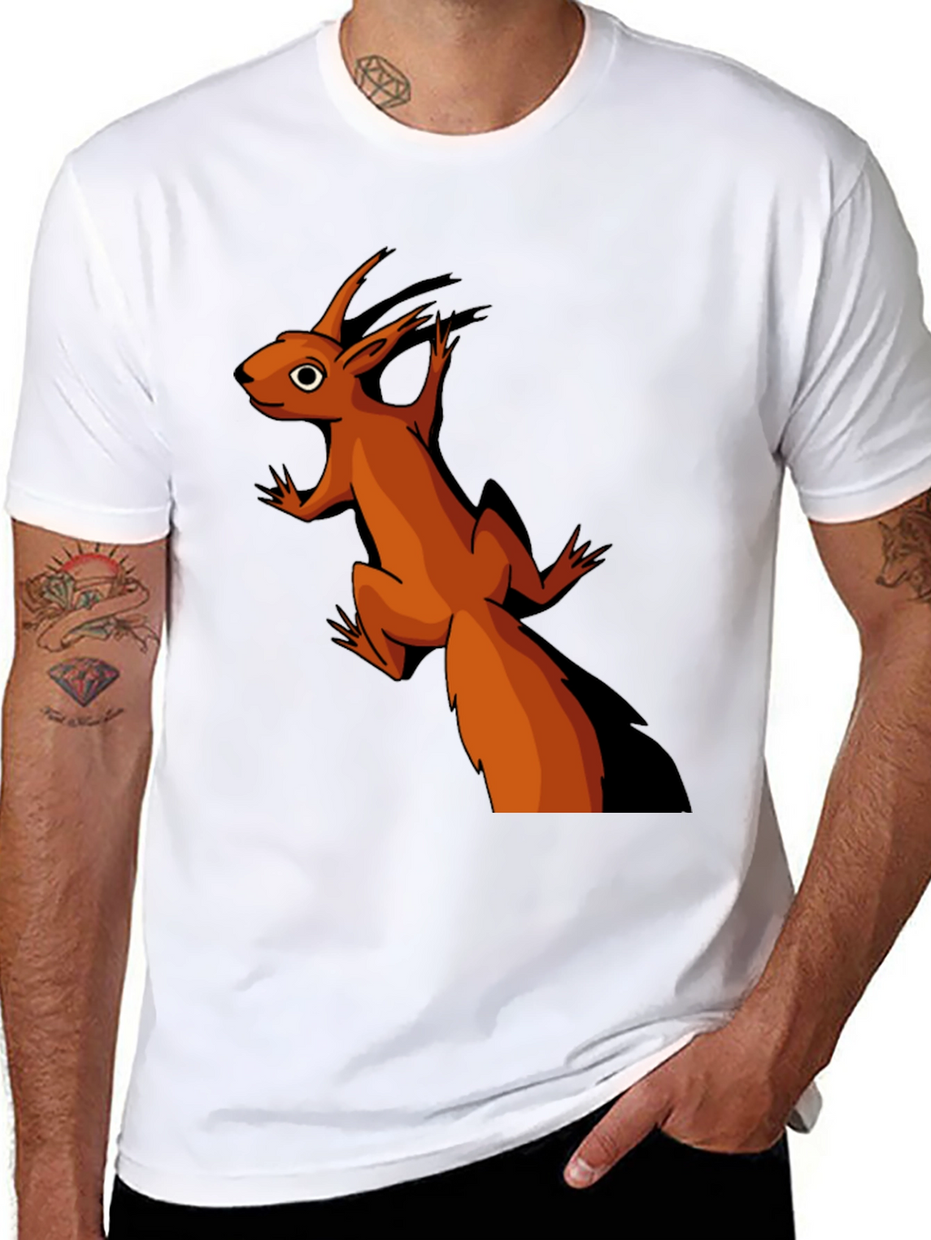 Camiseta Negra con Diseño de Ardilla Naranja