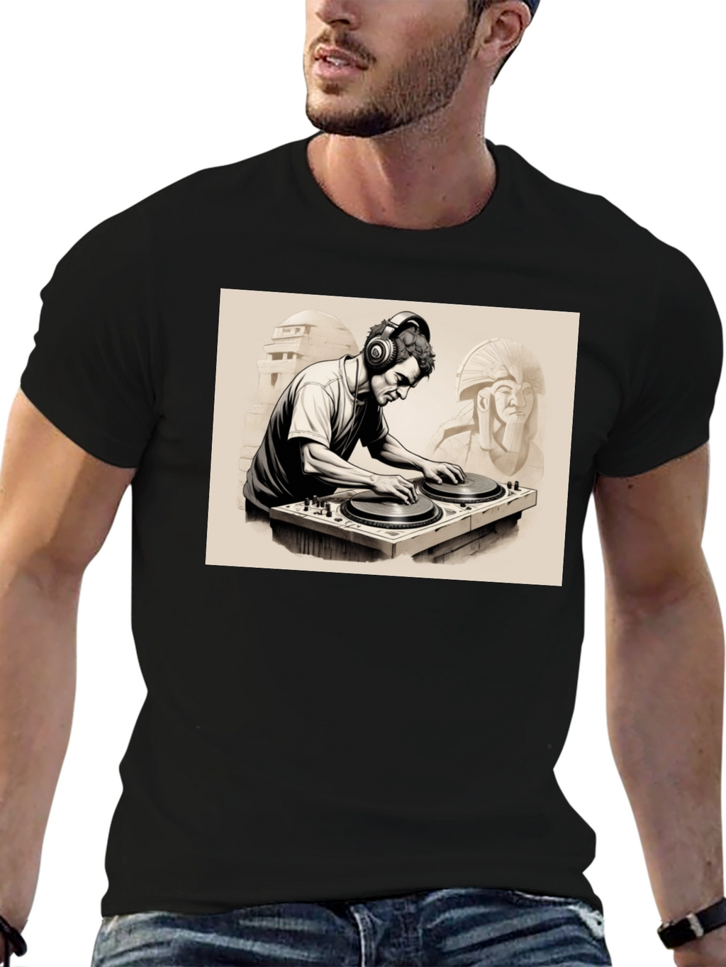 Camiseta Negra con Diseño de DJ Egipcio