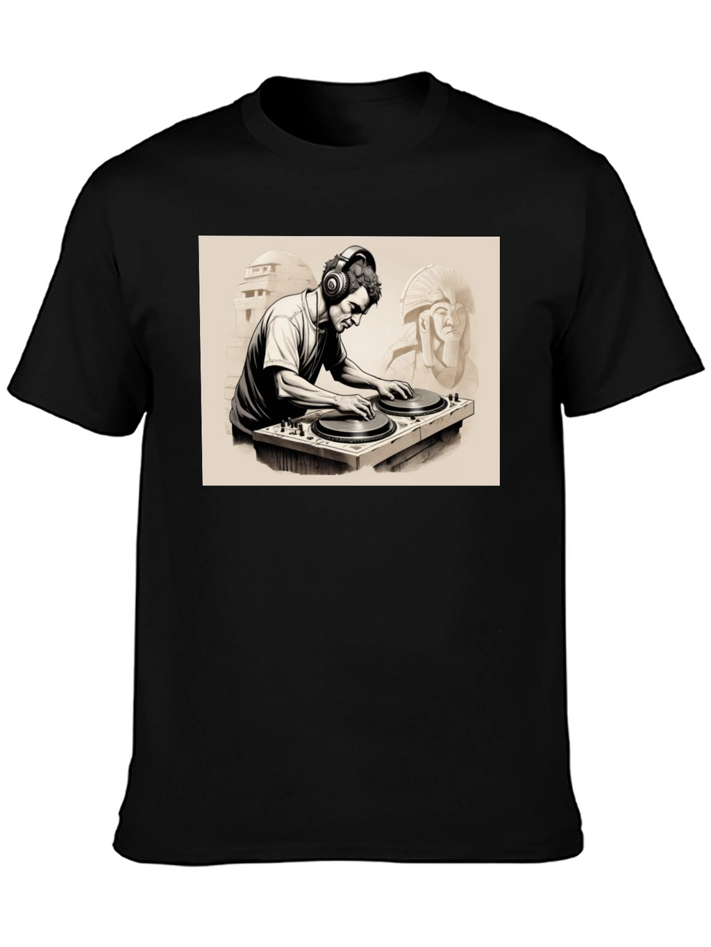Camiseta Negra con Diseño de DJ Egipcio