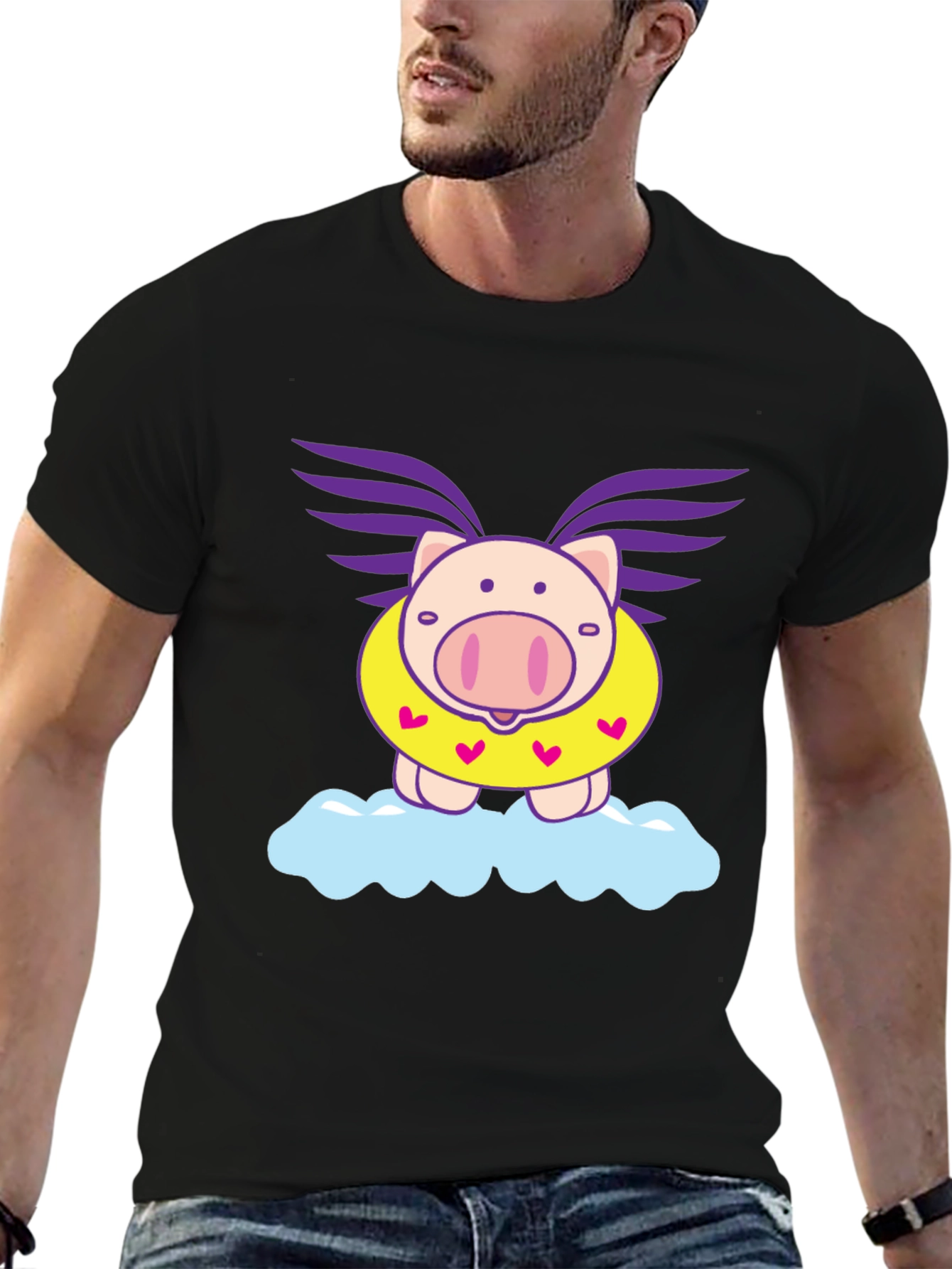 Camiseta Negra Cerdo Volador en Nube