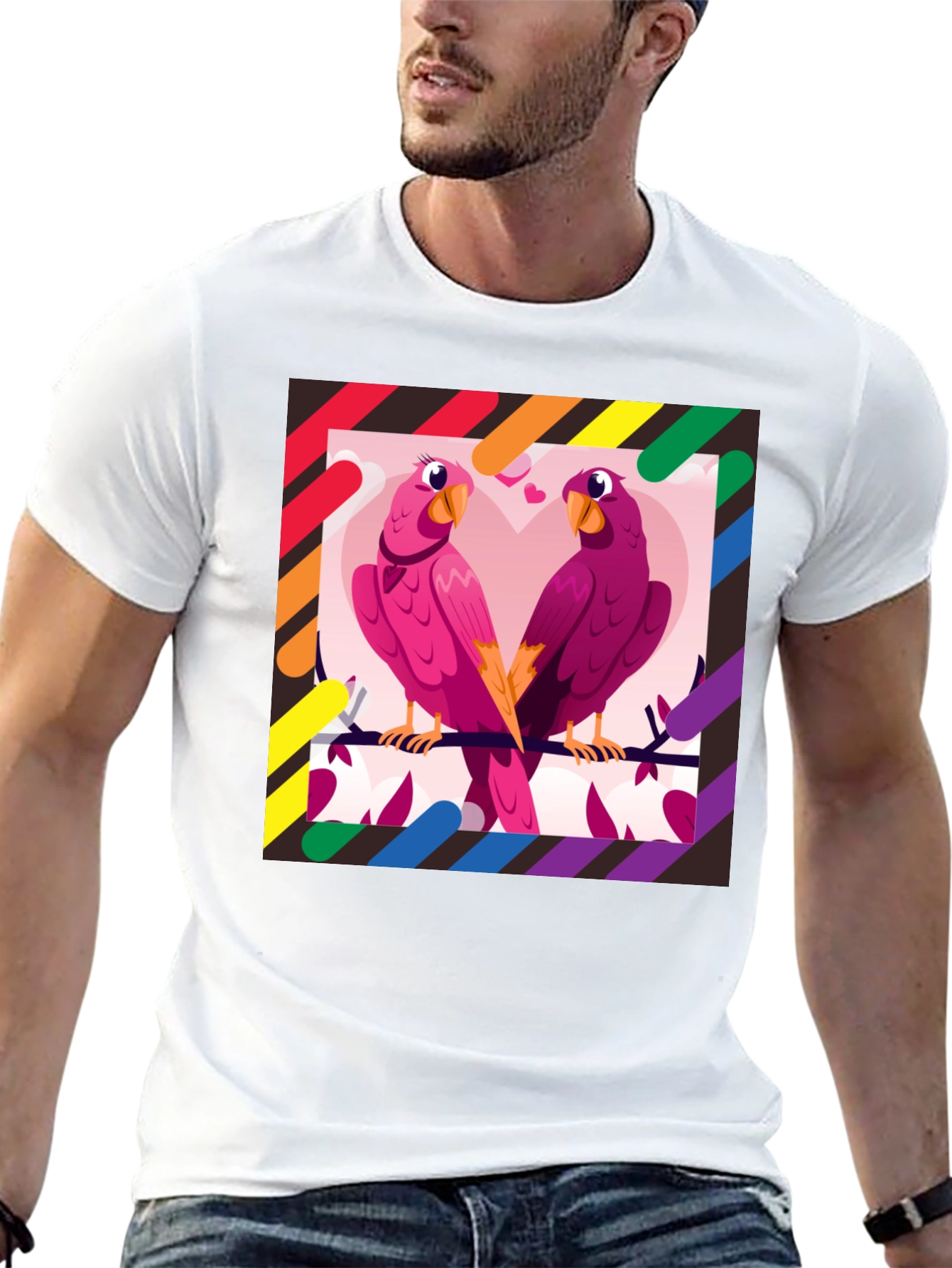 Camiseta Negra con Diseño de Loros Enamorados LGBT