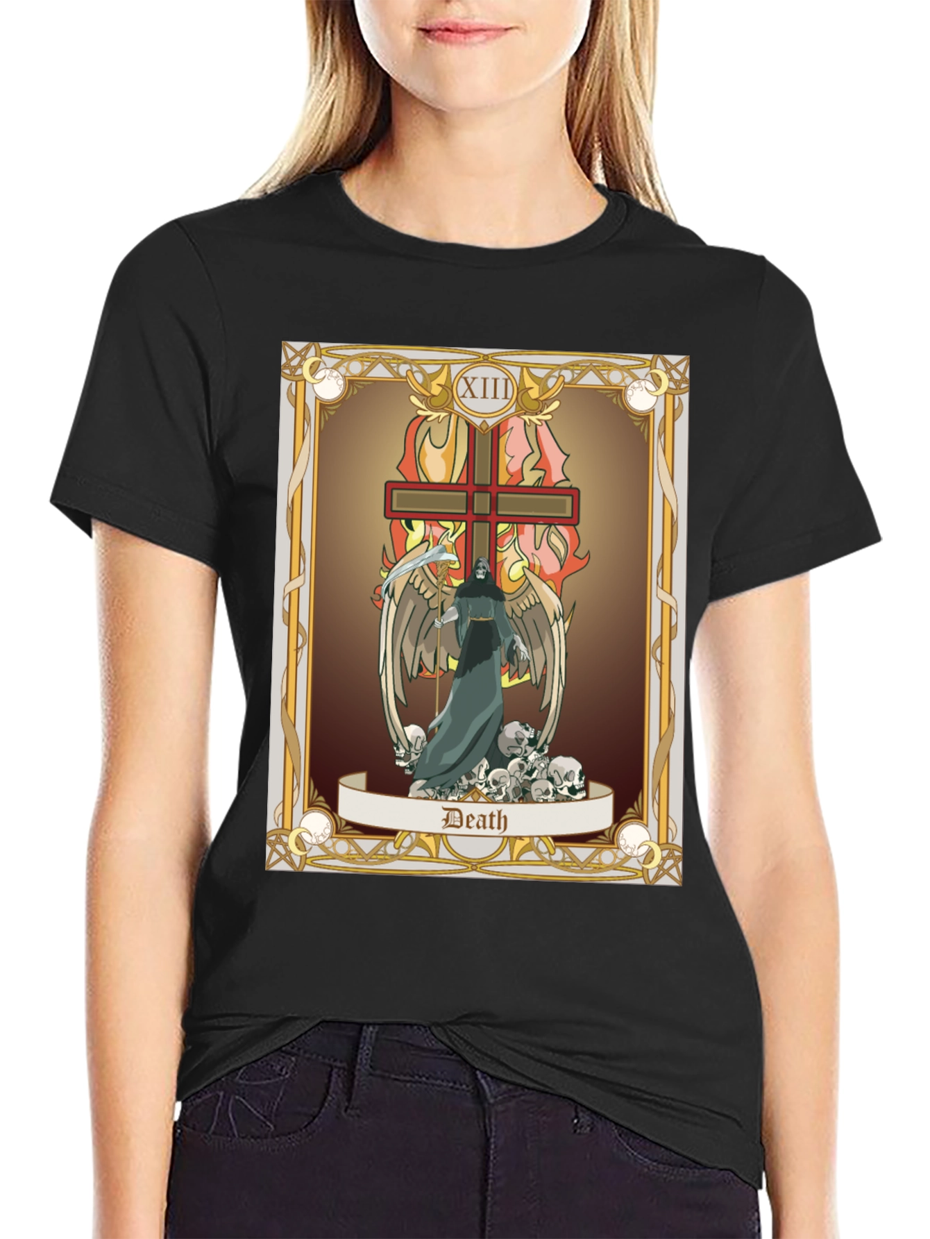 Camiseta Negra con Diseño de Carta de Tarot: La Muerte