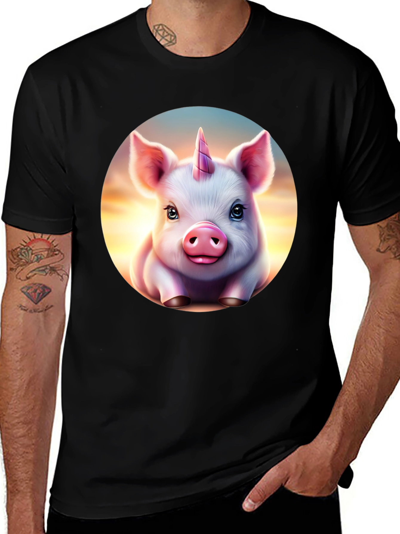 Camiseta Negra con Cerdo Unicornio Animado