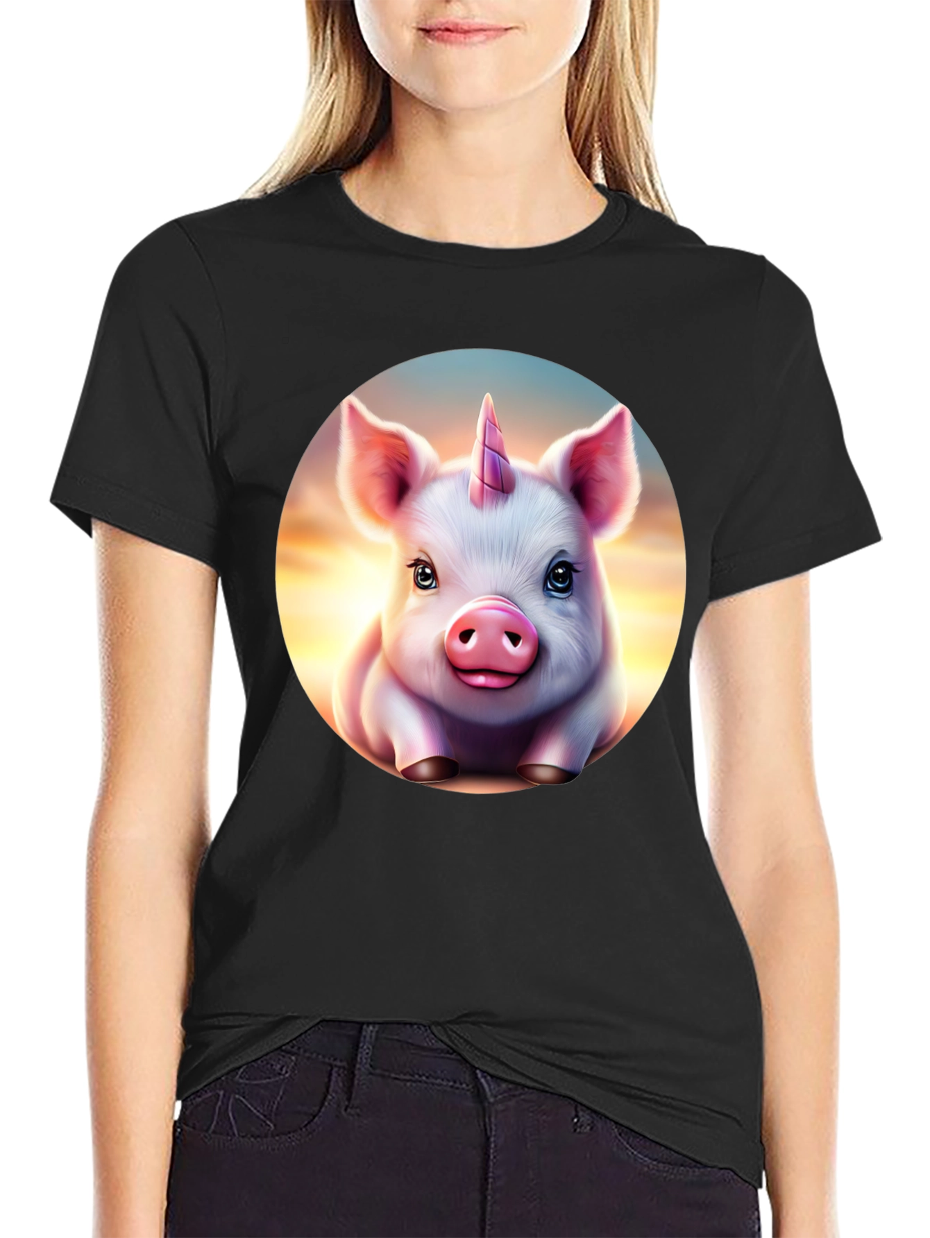 Camiseta Negra con Cerdo Unicornio Animado