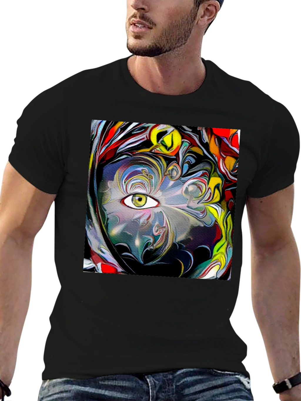 Camiseta Negra con Diseño Abstracto de Ojo