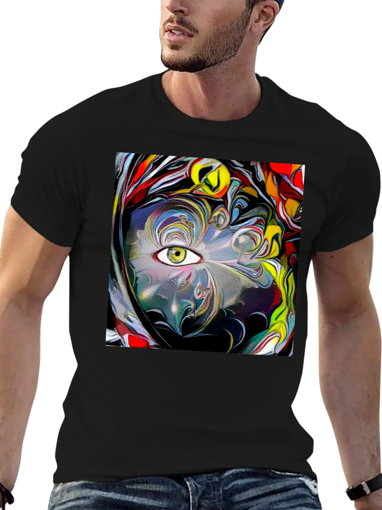 Camiseta Negra con Diseño Abstracto de Ojo