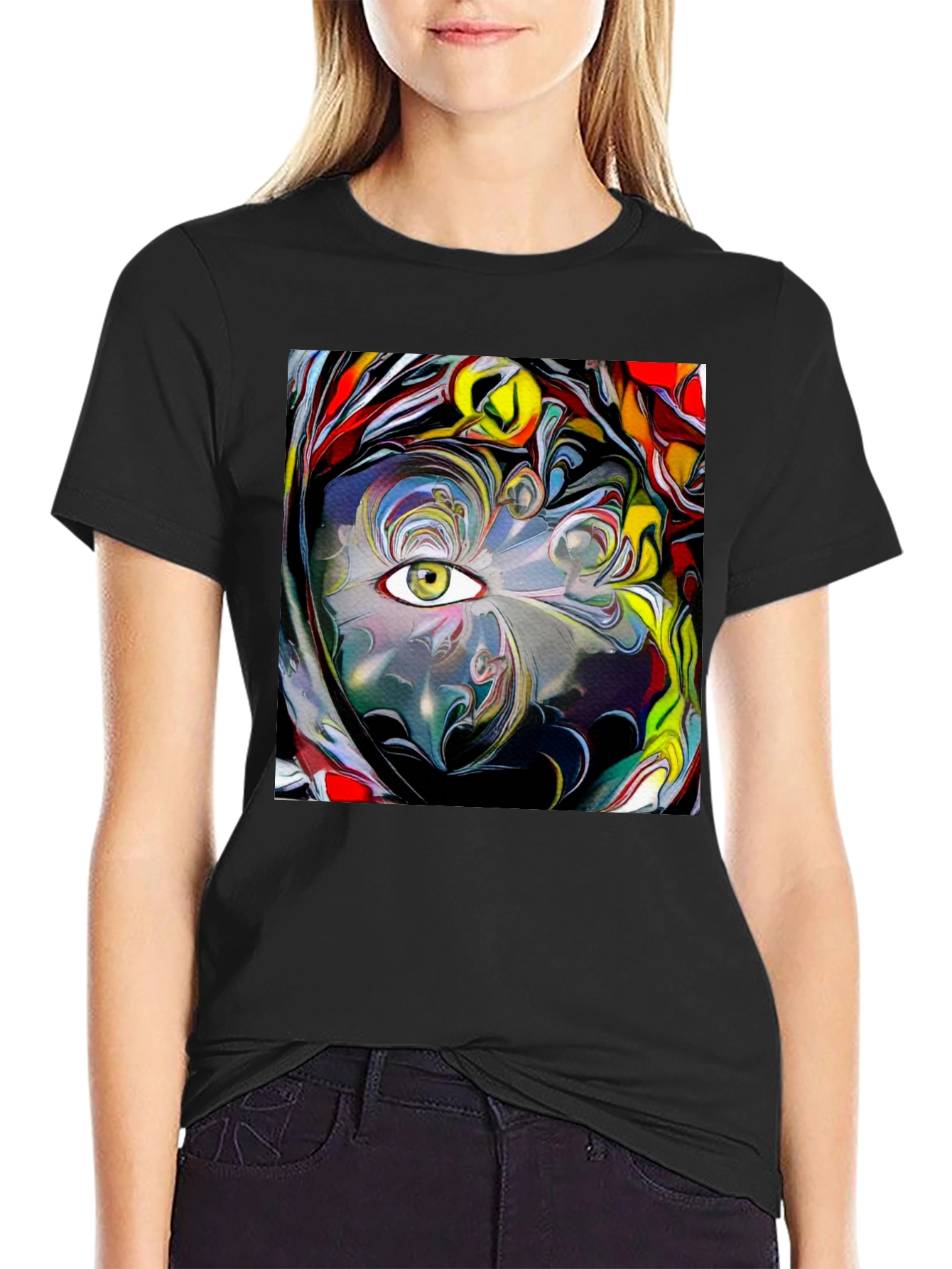 Camiseta Negra con Diseño Abstracto de Ojo