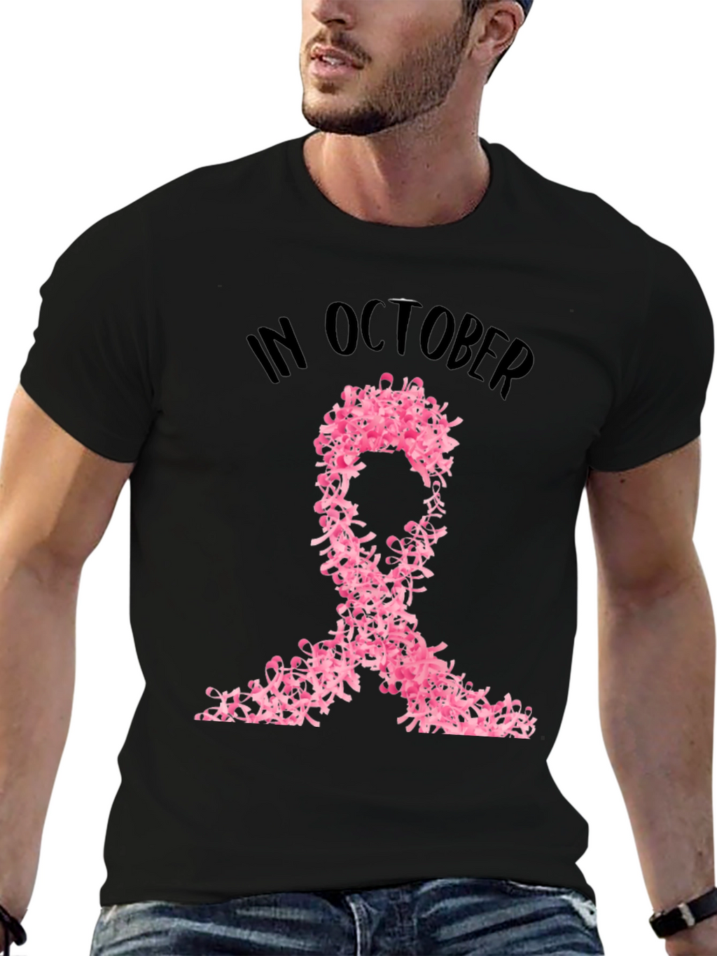 Camiseta Negra con Cinta Rosa Octubre