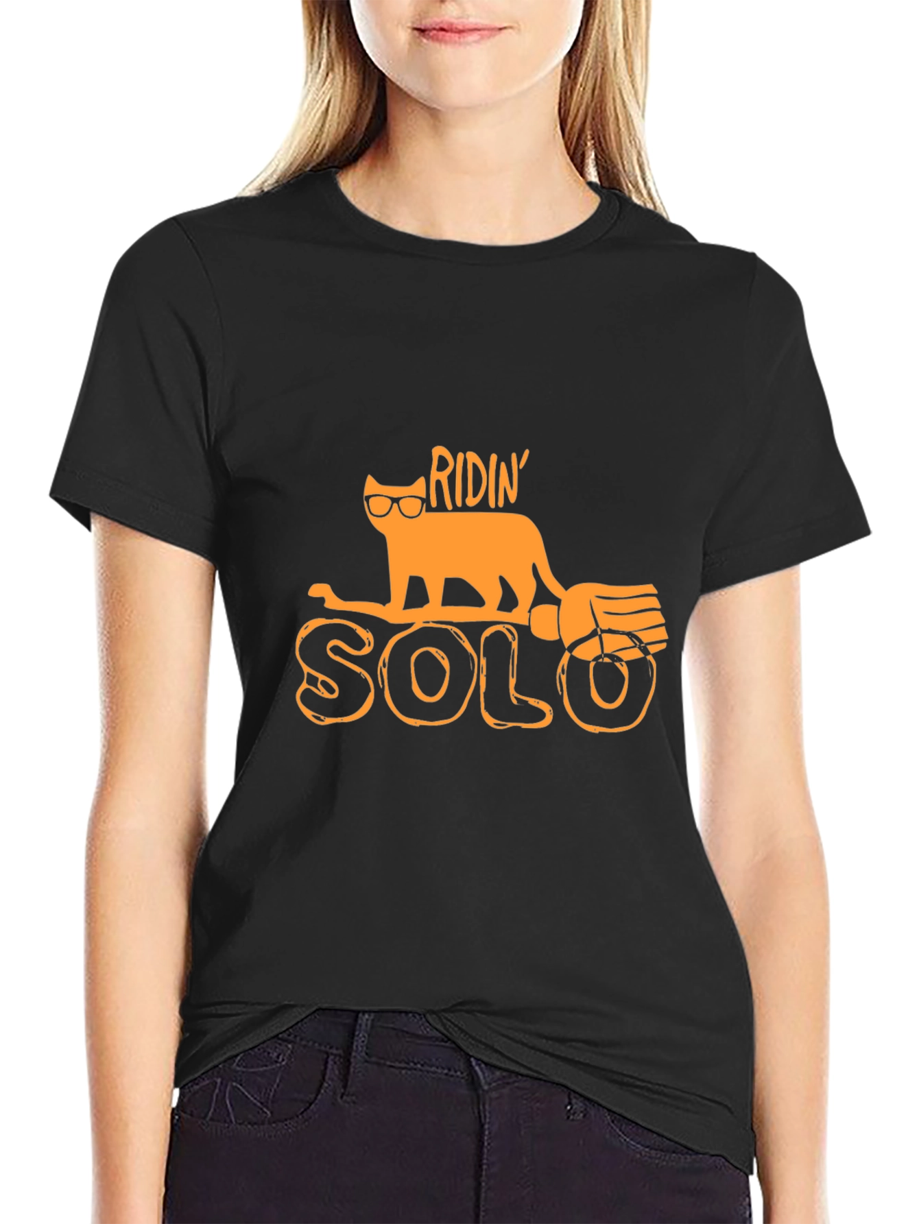 Camiseta Negra con Diseño de Gato Ridin Solo