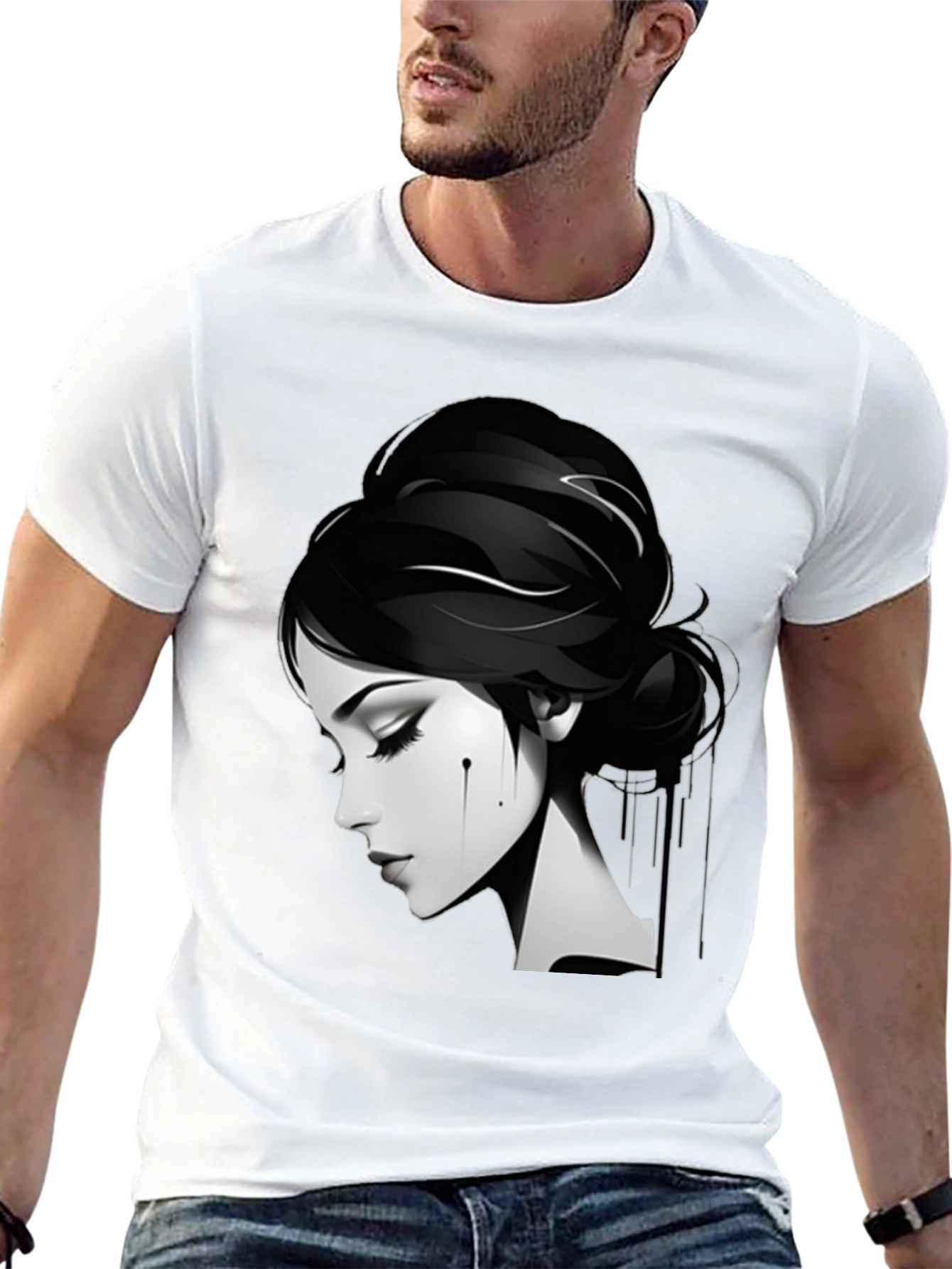 Camiseta Negra con Diseño Artístico de Mujer