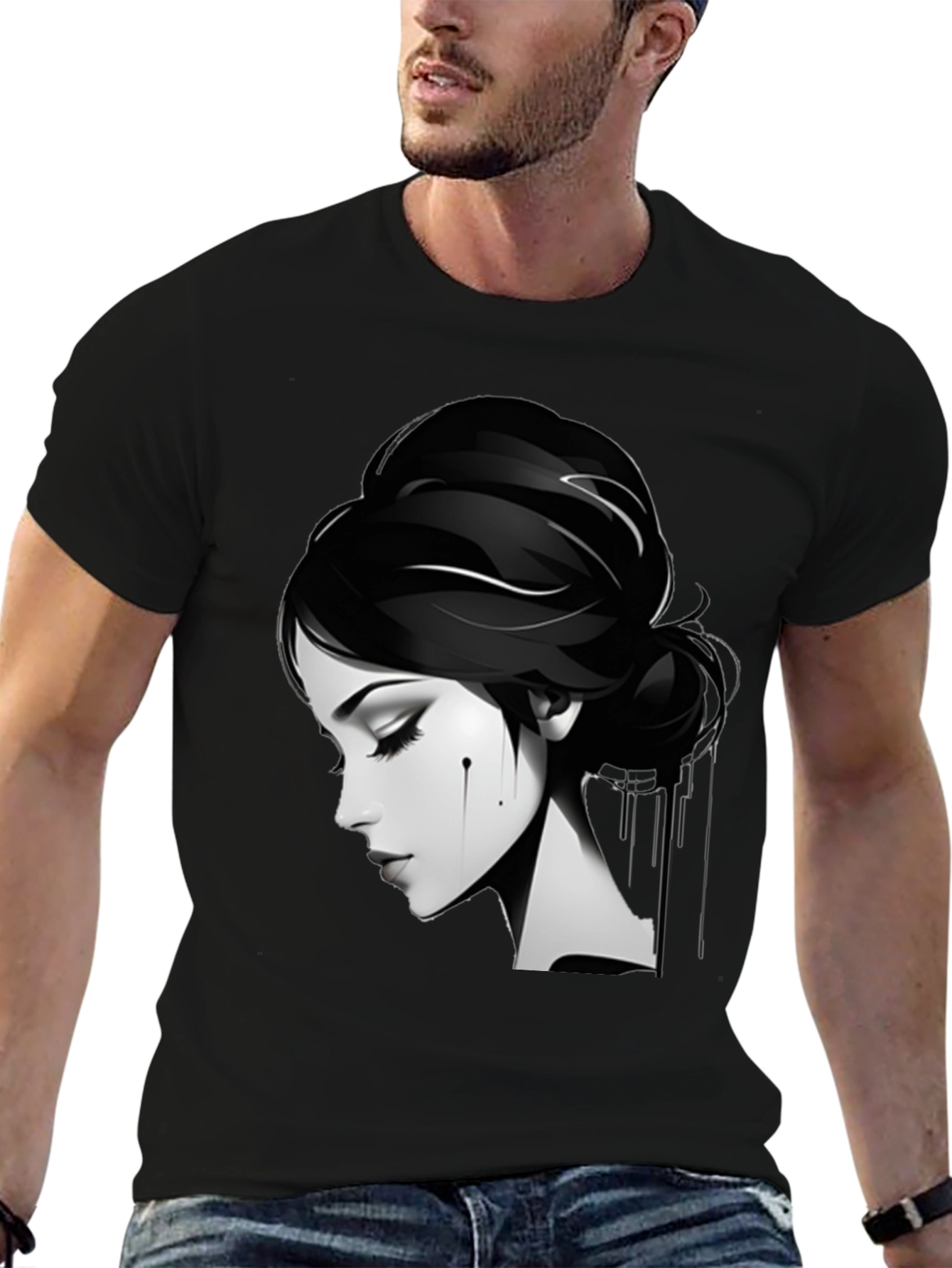 Camiseta Negra con Diseño Artístico de Mujer