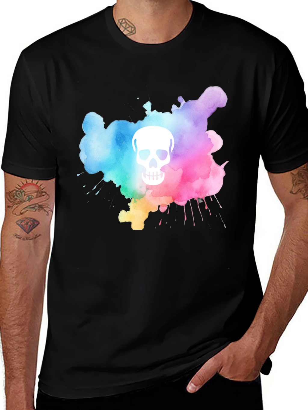 Camiseta Negra con Calavera Acuarela