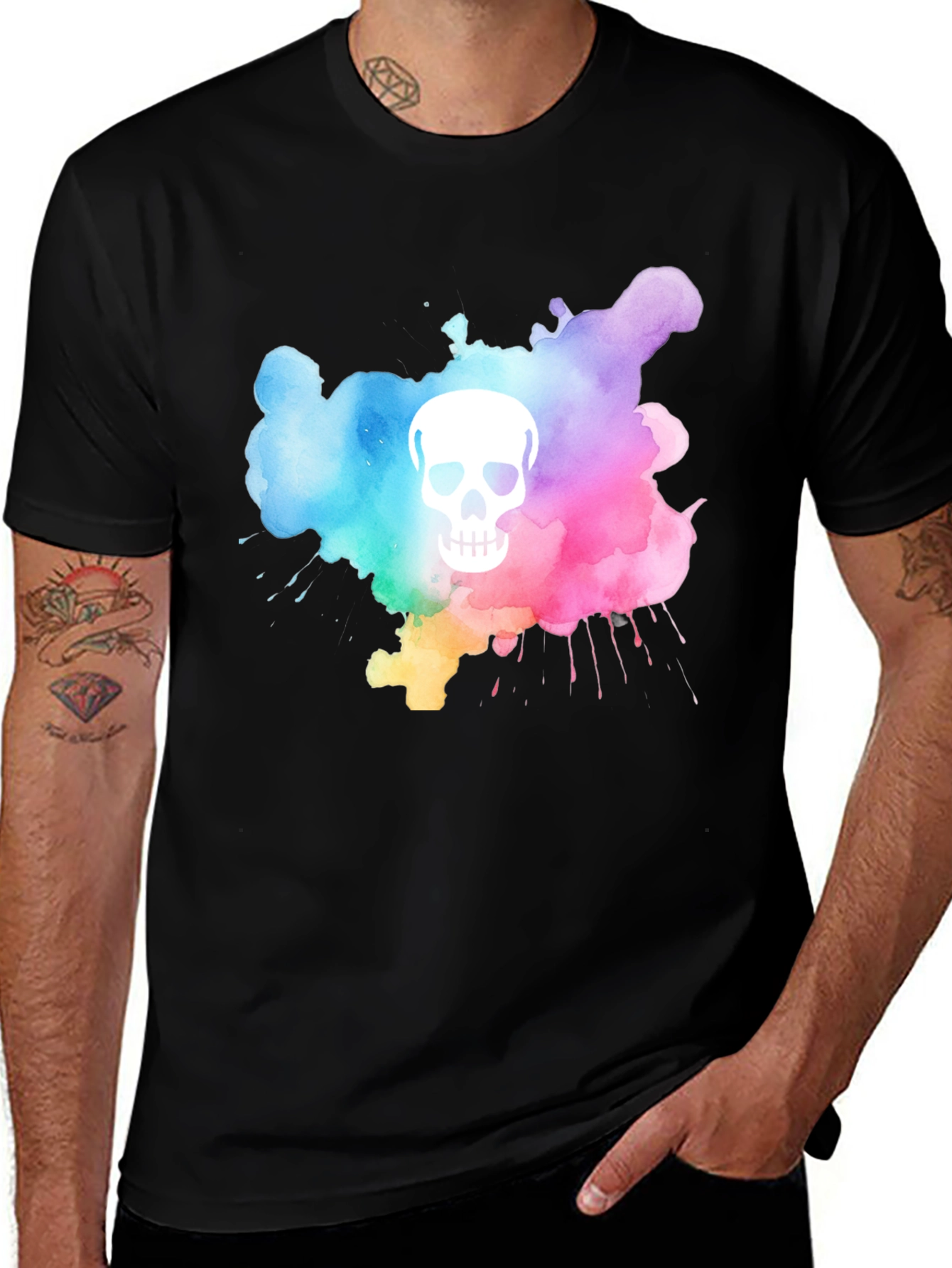 Camiseta Negra con Calavera Acuarela