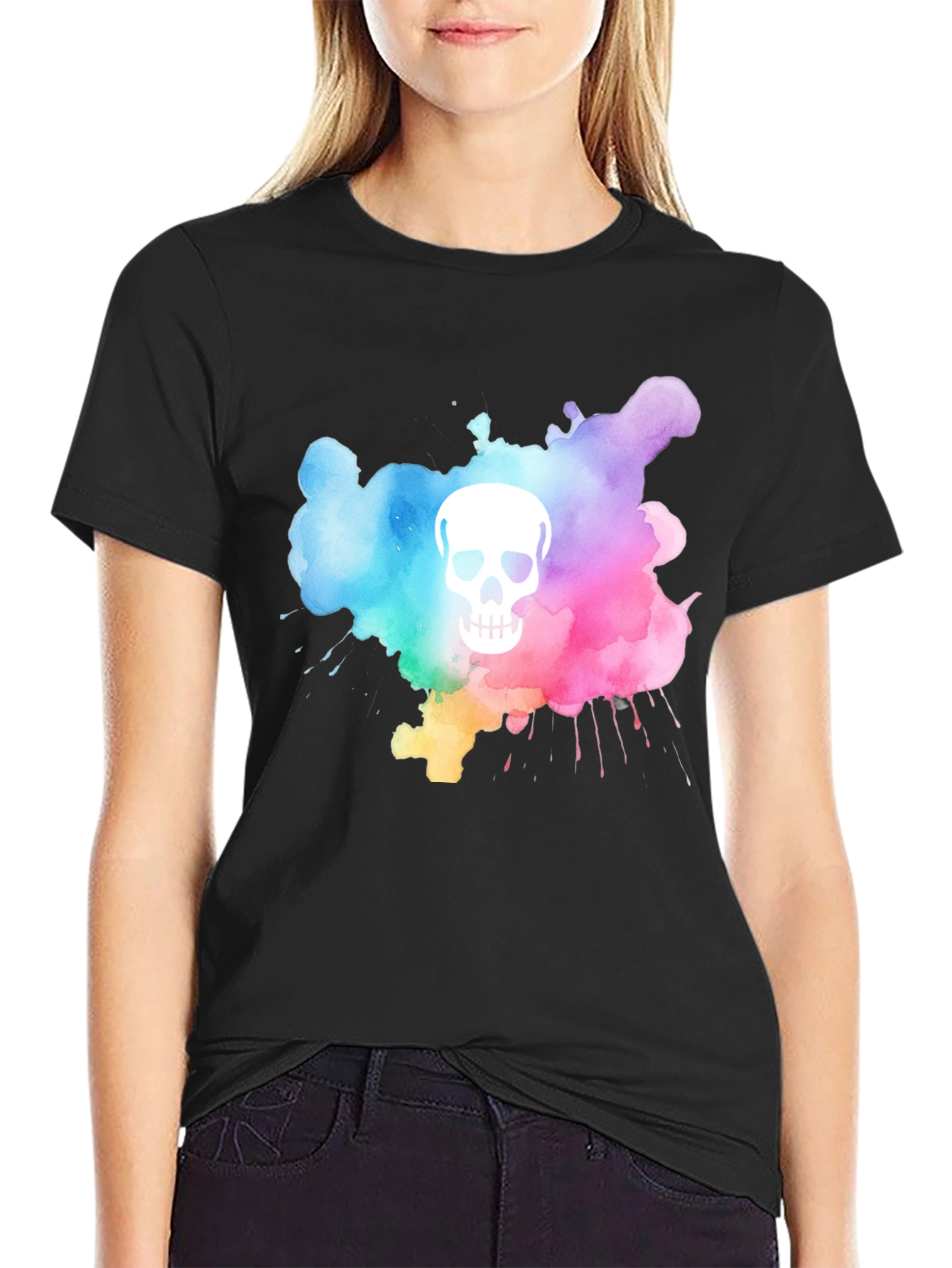 Camiseta Negra con Calavera Acuarela