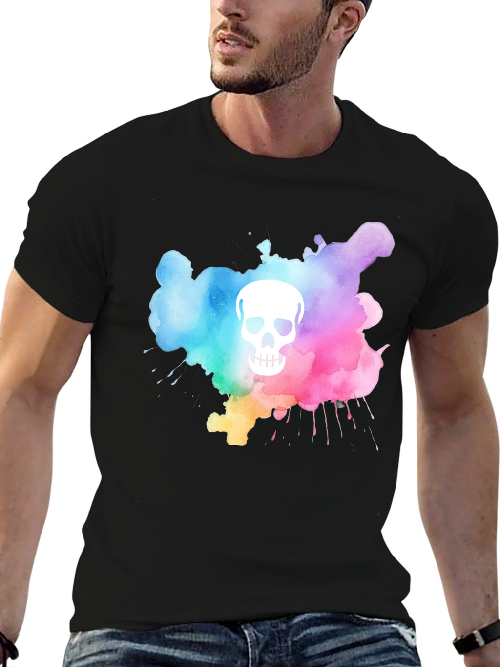 Camiseta Negra con Calavera Acuarela