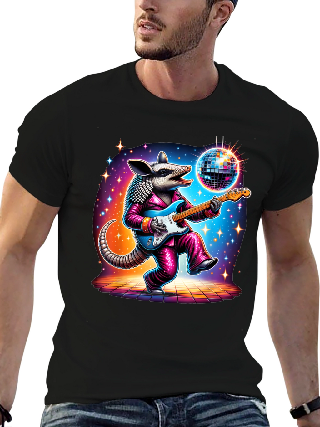 Camiseta Negra con Armadillo Disco Guitarrista