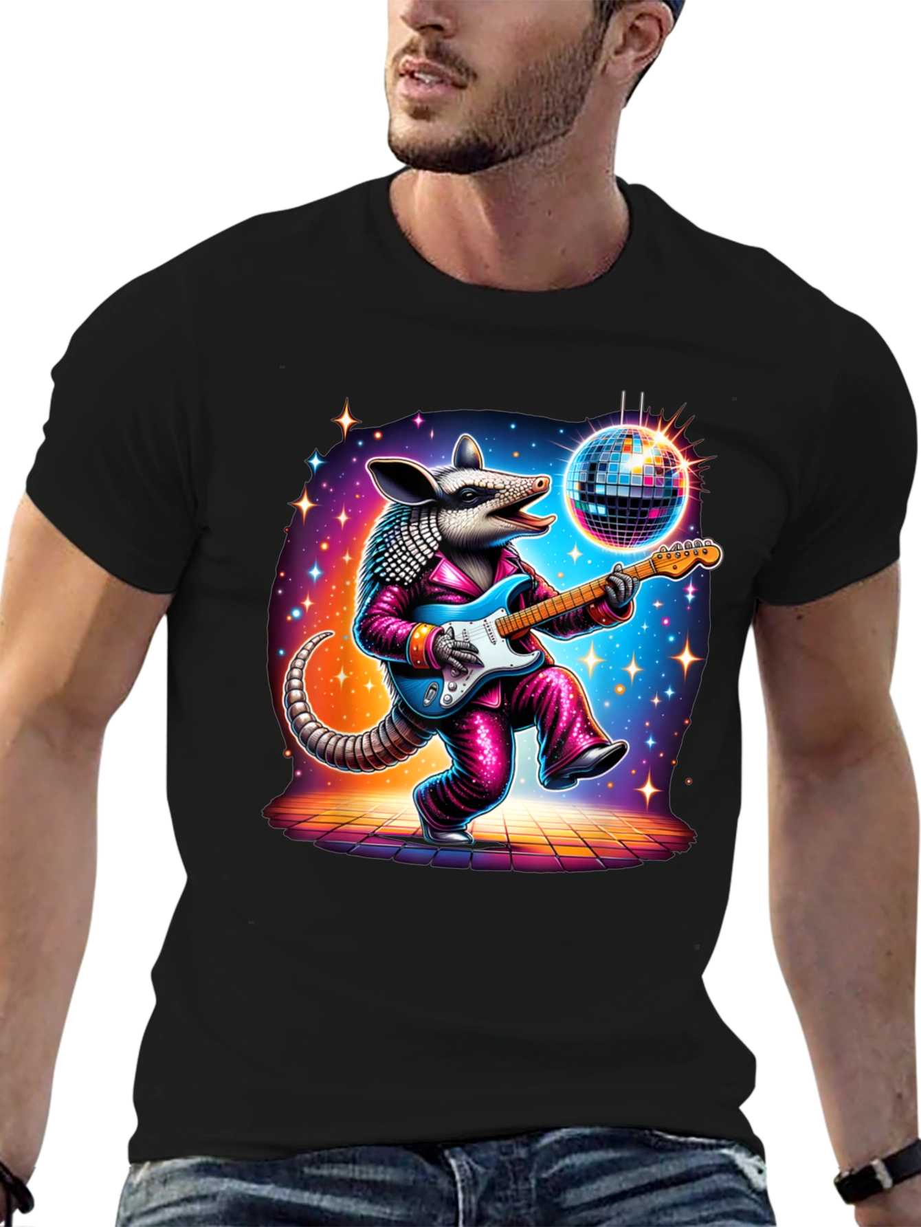 Camiseta Negra con Armadillo Disco Guitarrista
