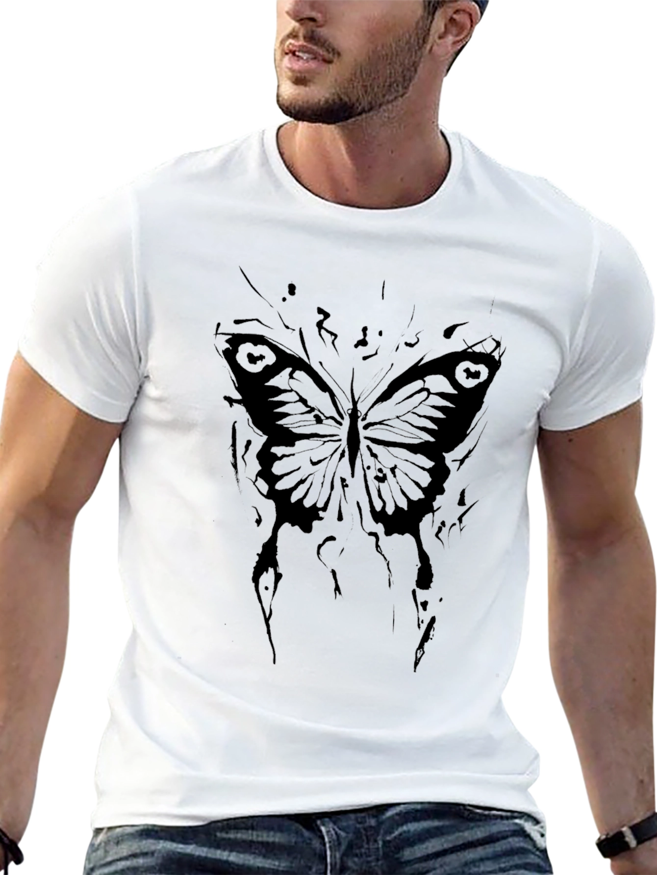 Camiseta Negra con Diseño de Mariposa Abstracta