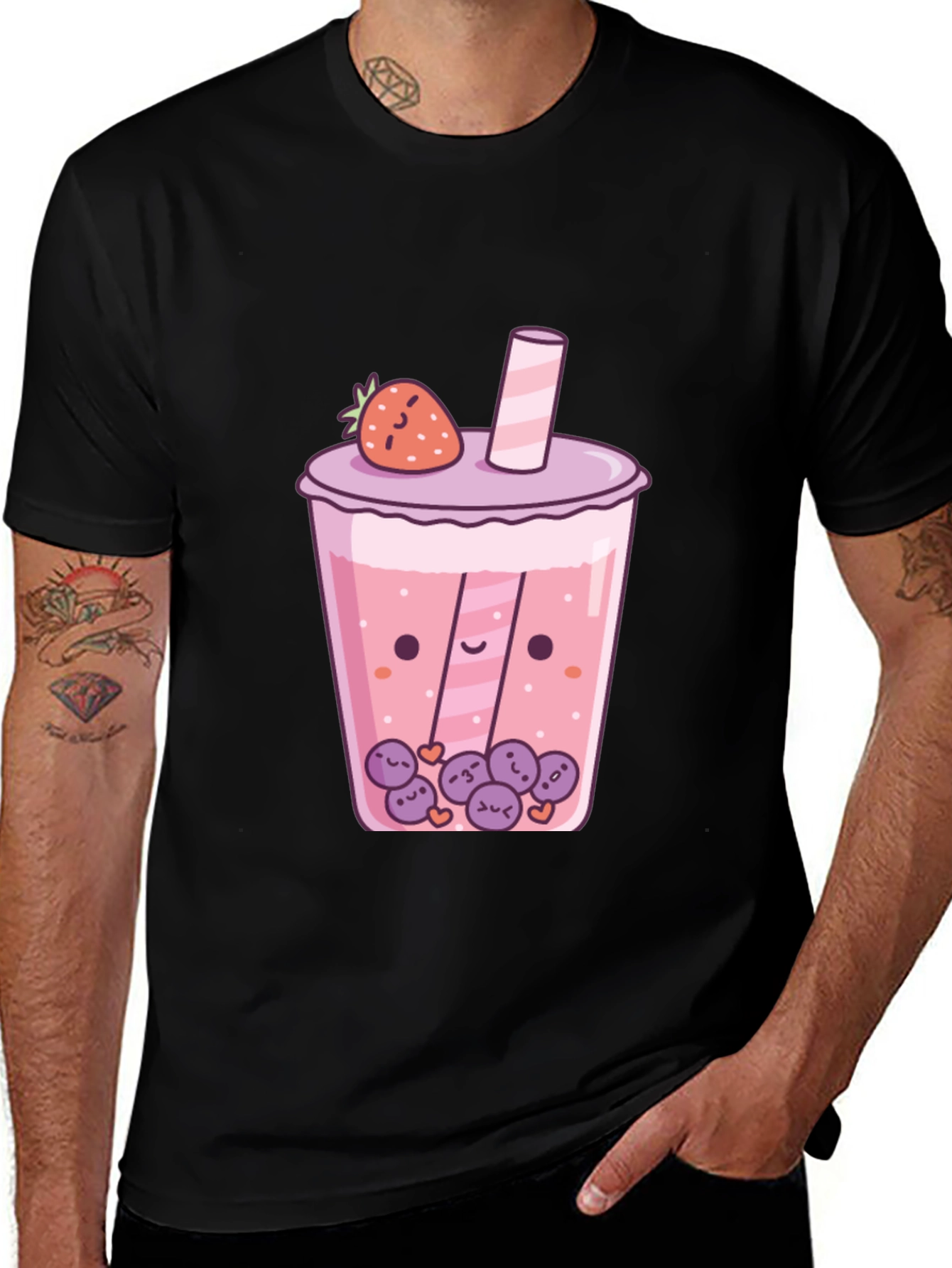 Camiseta Negra con Diseño de Bubble Tea Kawaii