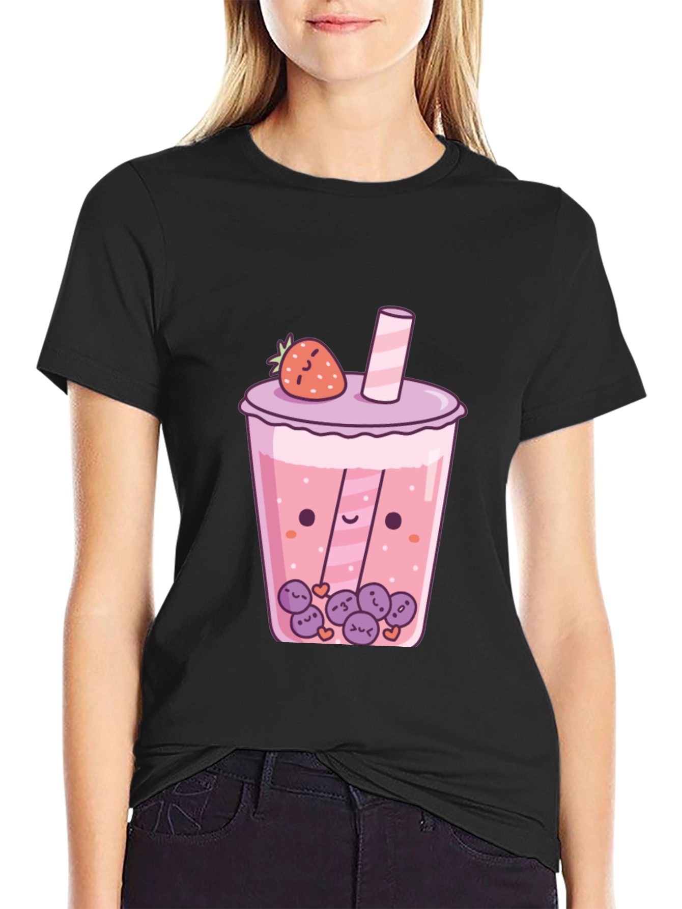 Camiseta Negra con Diseño de Bubble Tea Kawaii