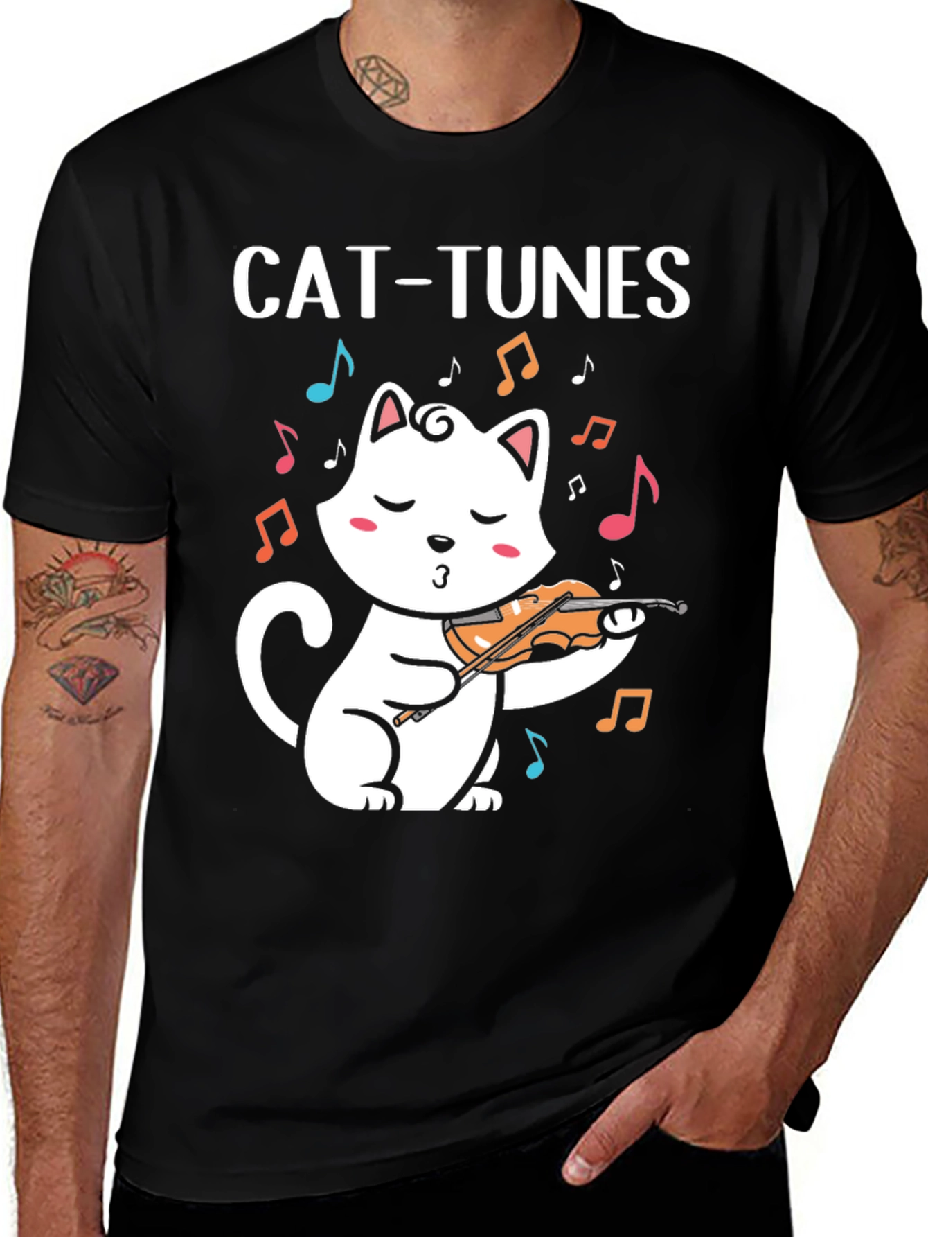 Camiseta Negra Cat-Tunes para Amantes de la Música y Gatos